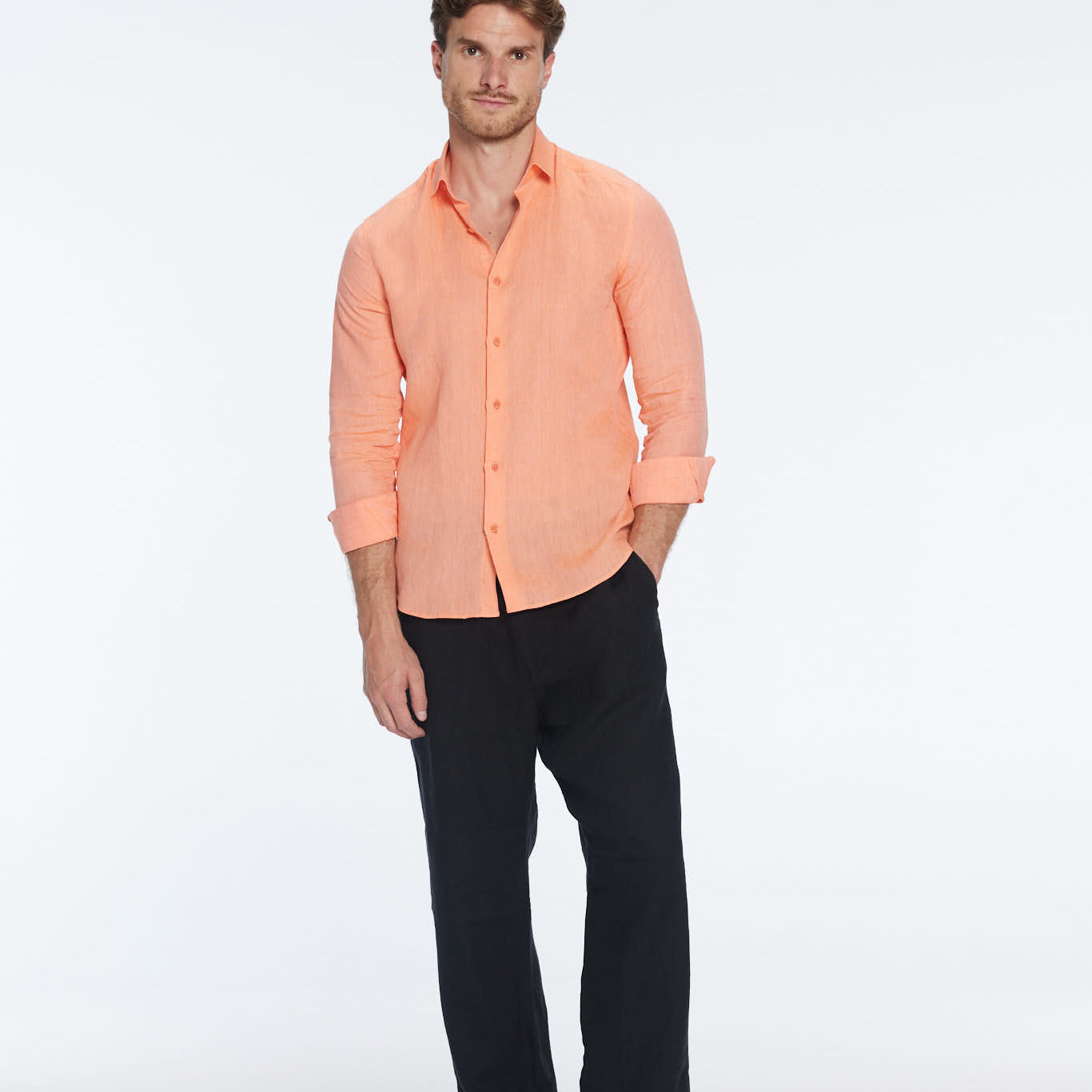 James Orange Linen Slim-Fit Shirt | Moeva | Shirt | Each week unveils new pieces—luxury swimwear, fluid resort silhouettes, and elevated summer-to-evening essentials designed to carry you from coastal escapes to city nights.