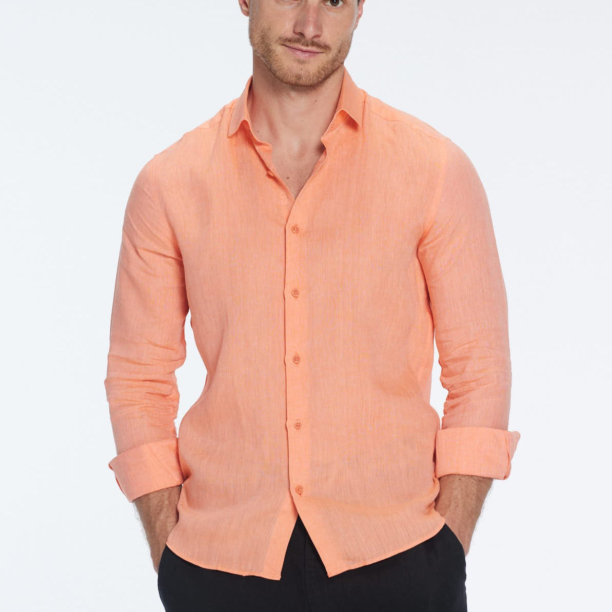 James Orange Linen Slim-Fit Shirt | Moeva | Shirt | Each week unveils new pieces—luxury swimwear, fluid resort silhouettes, and elevated summer-to-evening essentials designed to carry you from coastal escapes to city nights.