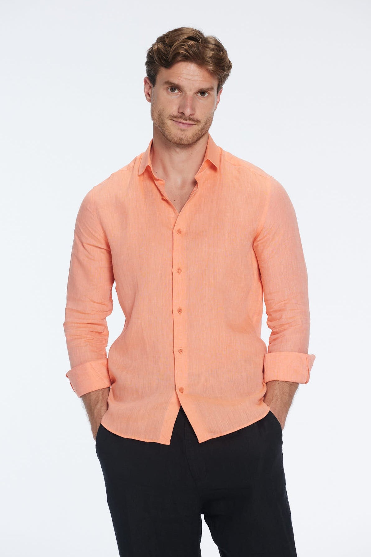 James Orange Linen Slim-Fit Shirt | Moeva | Men Classic Collar Shirts | Each week unveils new pieces—luxury swimwear, fluid resort silhouettes, and elevated summer-to-evening essentials designed to carry you from coastal escapes to city nights.