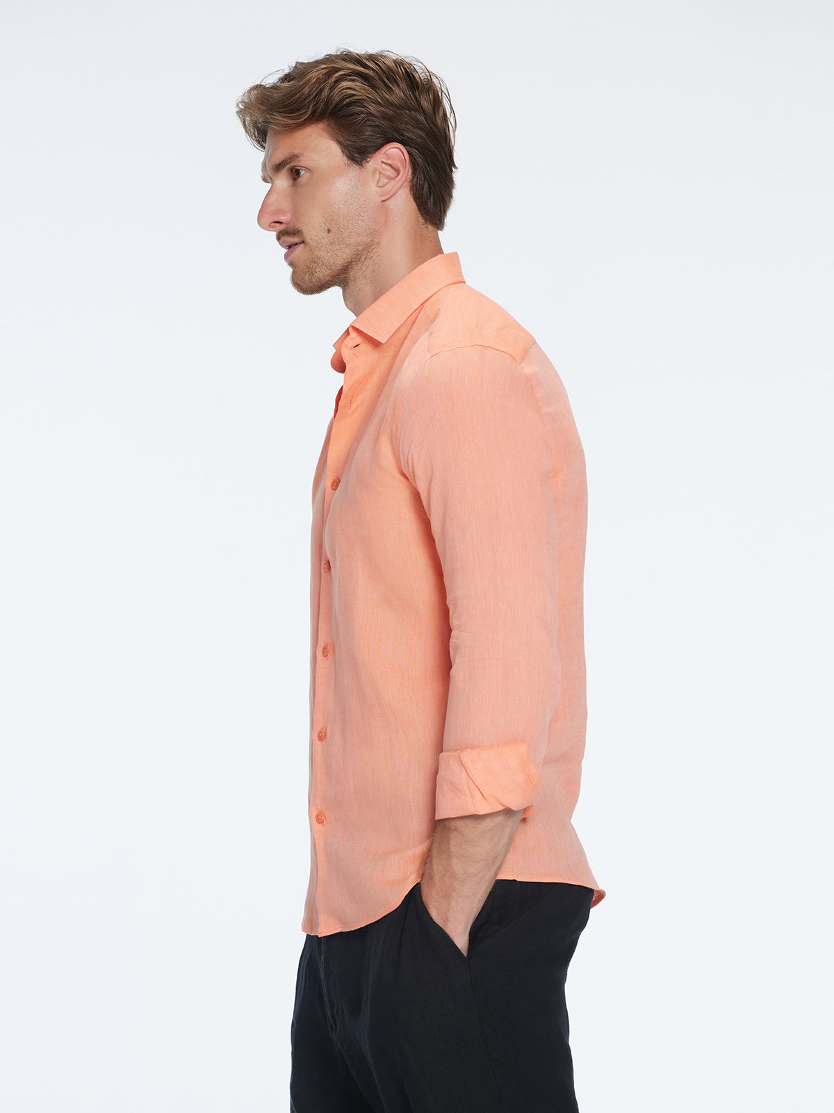 James Orange Linen Slim-Fit Shirt | Moeva | Shirt | Each week unveils new pieces—luxury swimwear, fluid resort silhouettes, and elevated summer-to-evening essentials designed to carry you from coastal escapes to city nights.