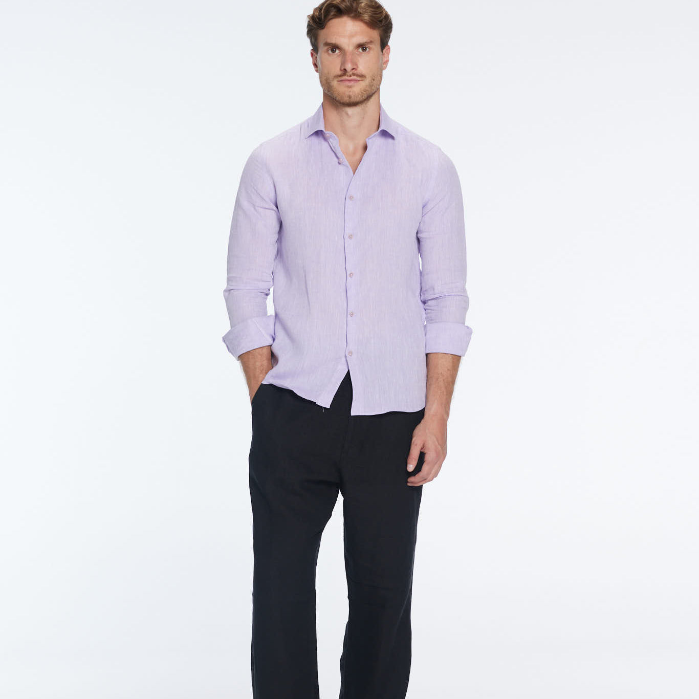 James Lilac Linen Slim-Fit Shirt | Moeva | Shirt | Each week unveils new pieces—luxury swimwear, fluid resort silhouettes, and elevated summer-to-evening essentials designed to carry you from coastal escapes to city nights.