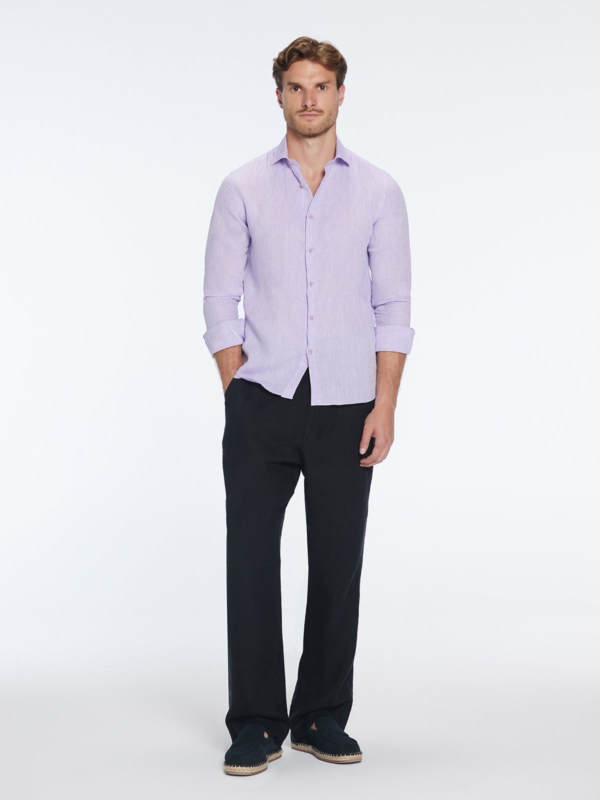 James Lilac Linen Slim-Fit Shirt | Moeva | Shirt | Each week unveils new pieces—luxury swimwear, fluid resort silhouettes, and elevated summer-to-evening essentials designed to carry you from coastal escapes to city nights.