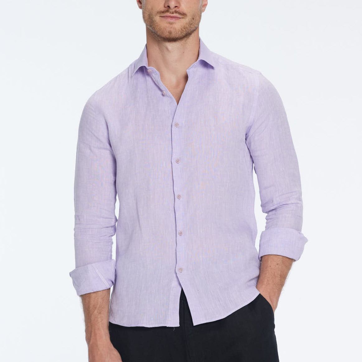James Lilac Linen Slim-Fit Shirt | Moeva | Shirt | Each week unveils new pieces—luxury swimwear, fluid resort silhouettes, and elevated summer-to-evening essentials designed to carry you from coastal escapes to city nights.