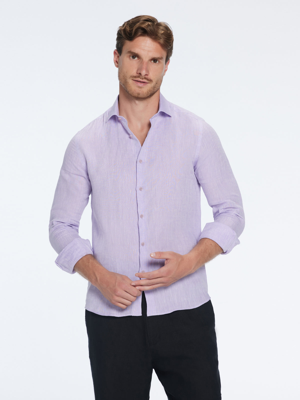 James Lilac Linen Slim-Fit Shirt | Moeva | Shirt | Each week unveils new pieces—luxury swimwear, fluid resort silhouettes, and elevated summer-to-evening essentials designed to carry you from coastal escapes to city nights.