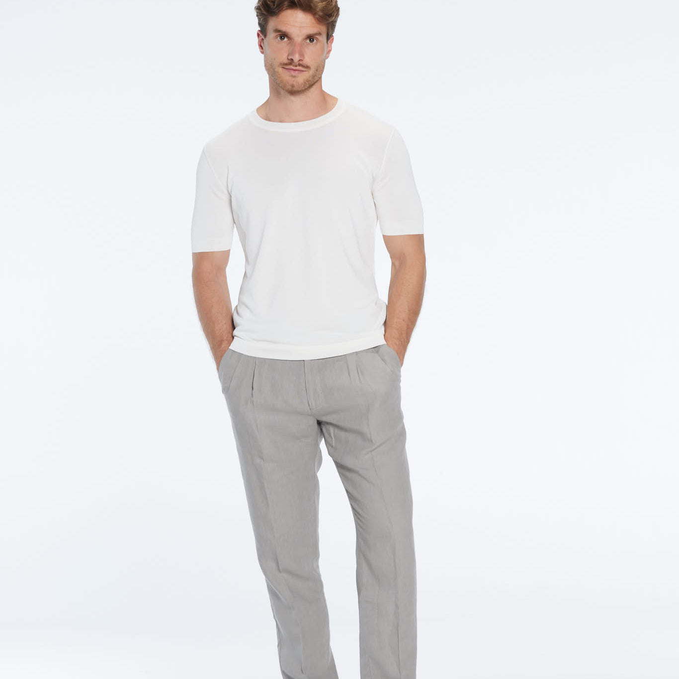 Enzo Grey Linen Straight-Leg Pants | Moeva | Pants | Each week unveils new pieces—luxury swimwear, fluid resort silhouettes, and elevated summer-to-evening essentials designed to carry you from coastal escapes to city nights.