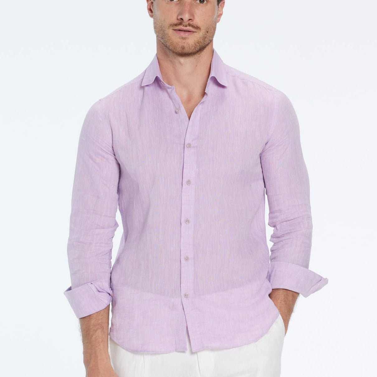Harry Lilac Linen Shirt with Spread Collar | Moeva | Shirt | Each week unveils new pieces—luxury swimwear, fluid resort silhouettes, and elevated summer-to-evening essentials designed to carry you from coastal escapes to city nights.