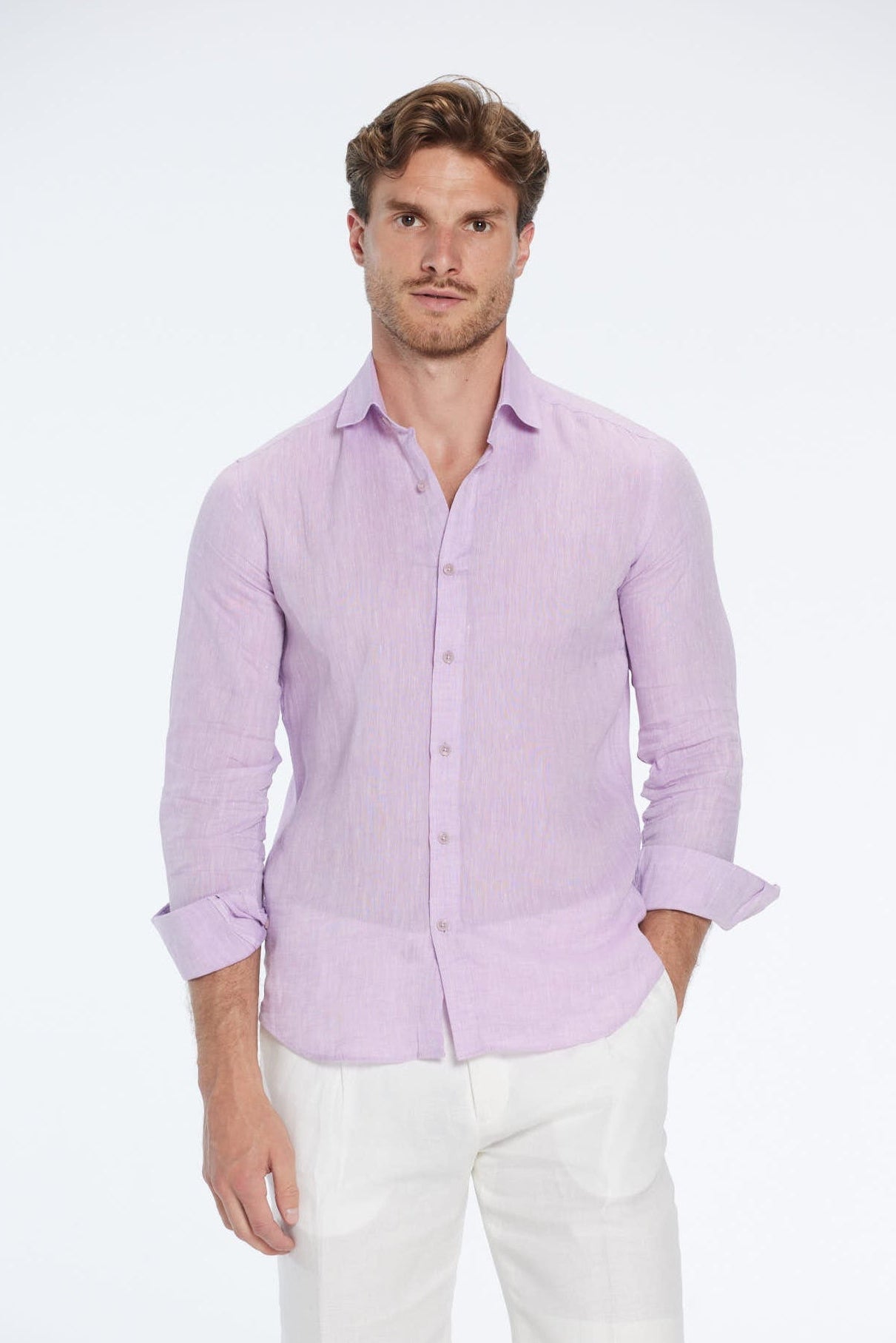 Harry Lilac Linen Shirt with Spread Collar | Moeva | Men Classic Collar Shirts | Each week unveils new pieces—luxury swimwear, fluid resort silhouettes, and elevated summer-to-evening essentials designed to carry you from coastal escapes to city nights.