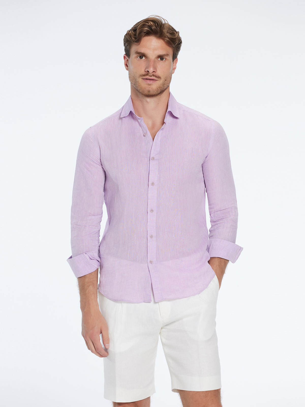 Harry Lilac Linen Shirt with Spread Collar | Moeva | Shirt | Each week unveils new pieces—luxury swimwear, fluid resort silhouettes, and elevated summer-to-evening essentials designed to carry you from coastal escapes to city nights.