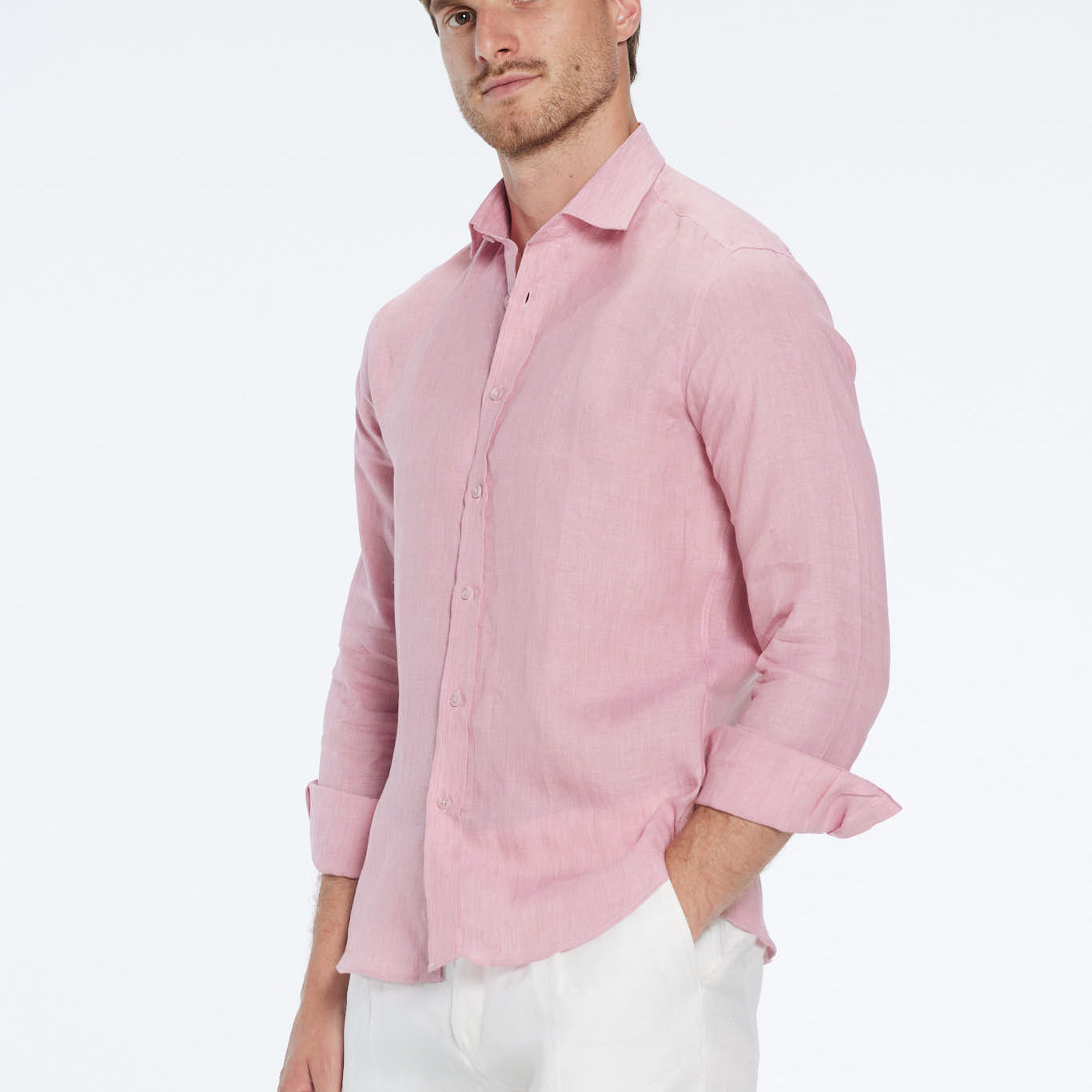 Harry Pink Linen Shirt with Spread Collar | Moeva | Shirt | Each week unveils new pieces—luxury swimwear, fluid resort silhouettes, and elevated summer-to-evening essentials designed to carry you from coastal escapes to city nights.