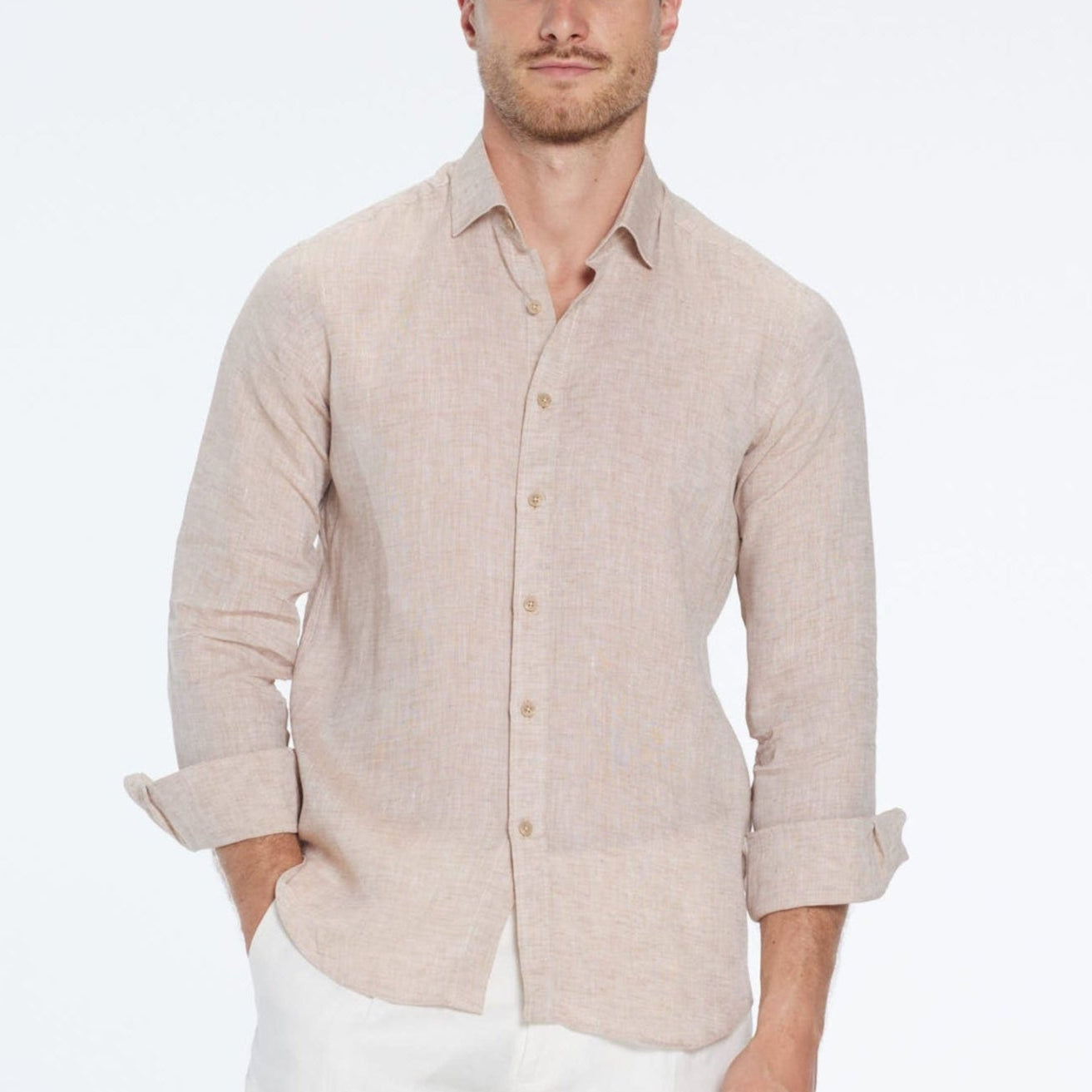 Harry Nude Linen Shirt with Spread Collar | Moeva | Shirt | Each week unveils new pieces—luxury swimwear, fluid resort silhouettes, and elevated summer-to-evening essentials designed to carry you from coastal escapes to city nights.