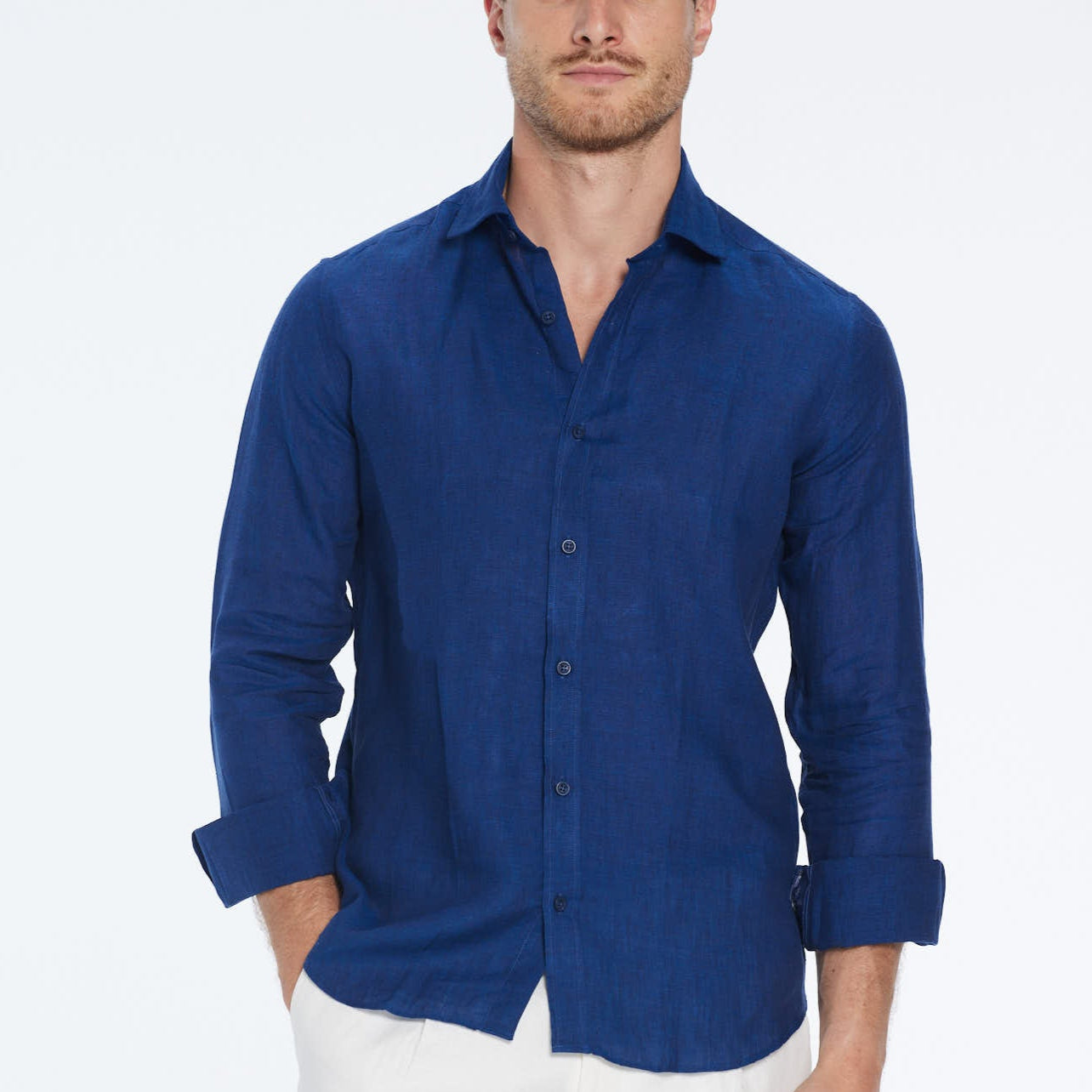 Harry Dark Blue Linen Shirt with Spread Collar | Moeva | Shirt | Each week unveils new pieces—luxury swimwear, fluid resort silhouettes, and elevated summer-to-evening essentials designed to carry you from coastal escapes to city nights.