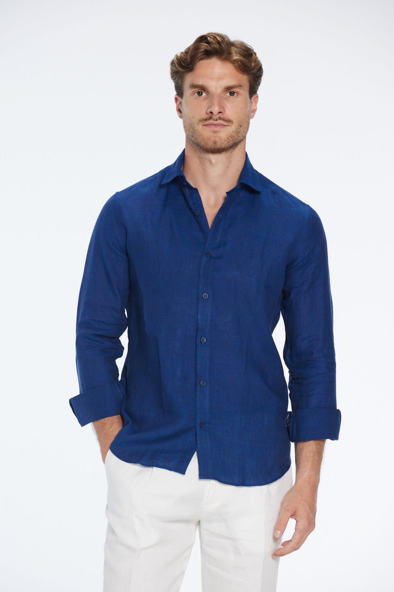 Harry Dark Blue Linen Shirt with Spread Collar | Moeva | Men Classic Collar Shirts | Each week unveils new pieces—luxury swimwear, fluid resort silhouettes, and elevated summer-to-evening essentials designed to carry you from coastal escapes to city nights.