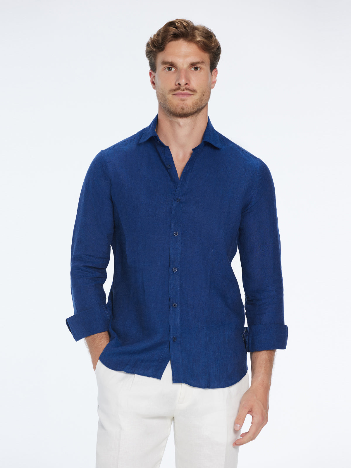 Harry Dark Blue Linen Shirt with Spread Collar | Moeva | Shirt | Each week unveils new pieces—luxury swimwear, fluid resort silhouettes, and elevated summer-to-evening essentials designed to carry you from coastal escapes to city nights.