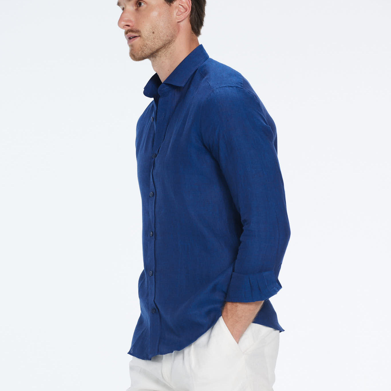 Harry Dark Blue Linen Shirt with Spread Collar | Moeva | Shirt | Each week unveils new pieces—luxury swimwear, fluid resort silhouettes, and elevated summer-to-evening essentials designed to carry you from coastal escapes to city nights.