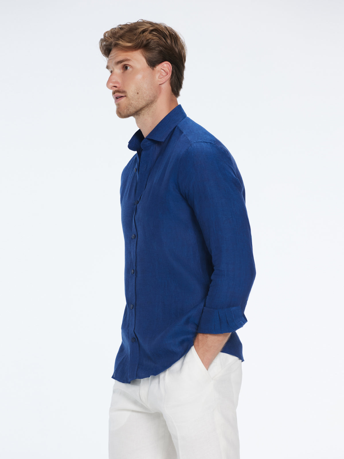 Harry Dark Blue Linen Shirt with Spread Collar | Moeva | Shirt | Each week unveils new pieces—luxury swimwear, fluid resort silhouettes, and elevated summer-to-evening essentials designed to carry you from coastal escapes to city nights.
