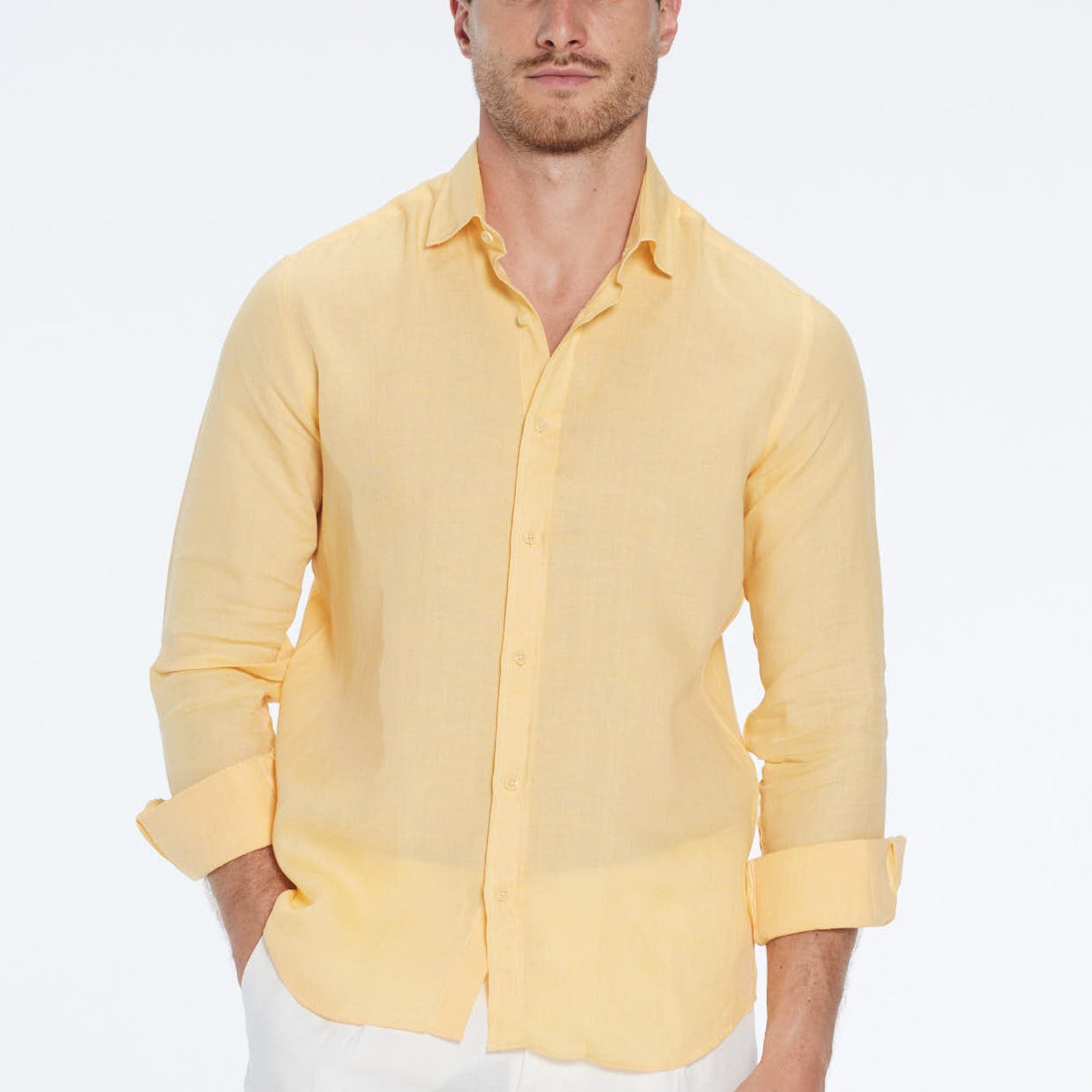 Harry Yellow Linen Shirt with Spread Collar | Moeva | Shirt | Each week unveils new pieces—luxury swimwear, fluid resort silhouettes, and elevated summer-to-evening essentials designed to carry you from coastal escapes to city nights.