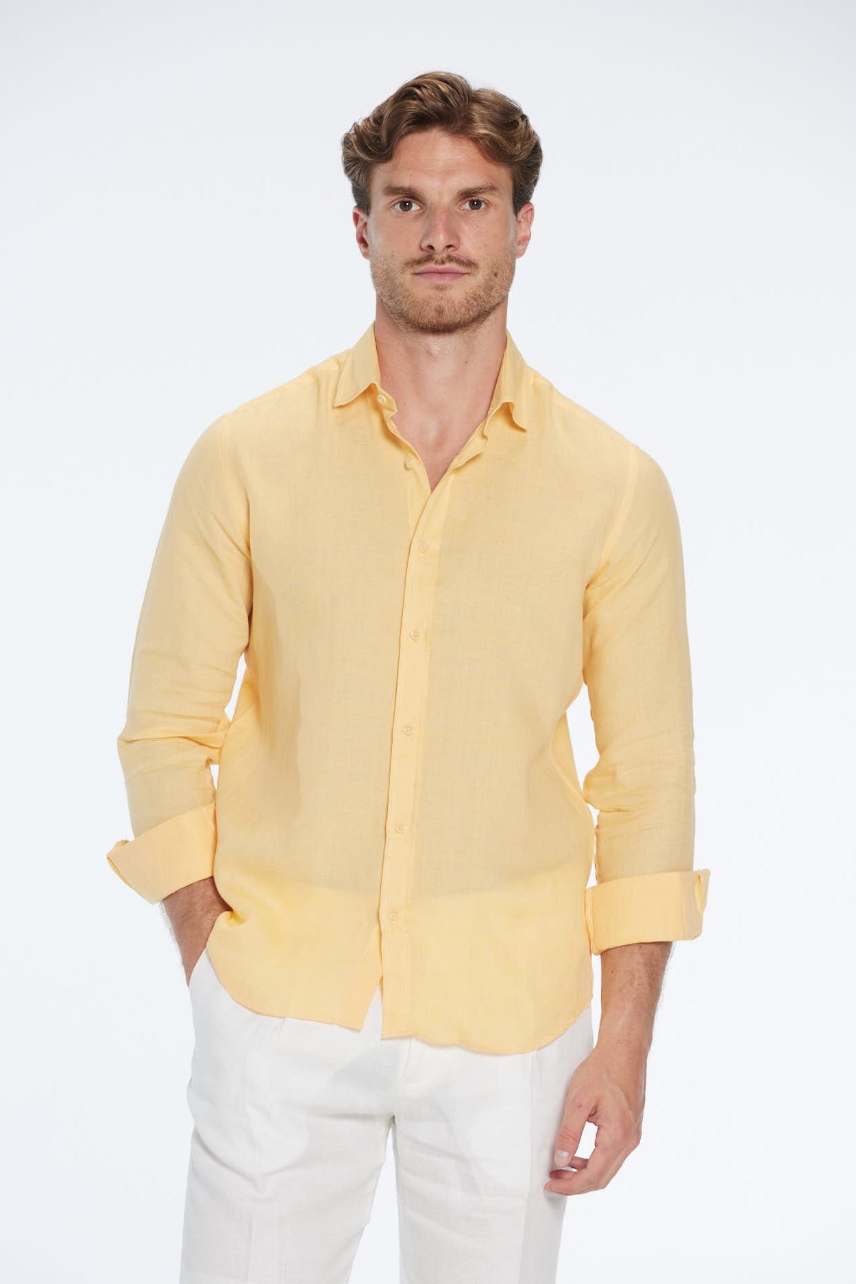 Harry Yellow Linen Shirt with Spread Collar | Moeva | Men Classic Collar Shirts | Each week unveils new pieces—luxury swimwear, fluid resort silhouettes, and elevated summer-to-evening essentials designed to carry you from coastal escapes to city nights.