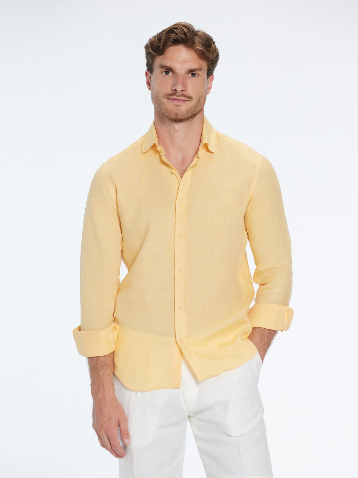 Harry Yellow Linen Shirt with Spread Collar | Moeva | Shirt | Each week unveils new pieces—luxury swimwear, fluid resort silhouettes, and elevated summer-to-evening essentials designed to carry you from coastal escapes to city nights.