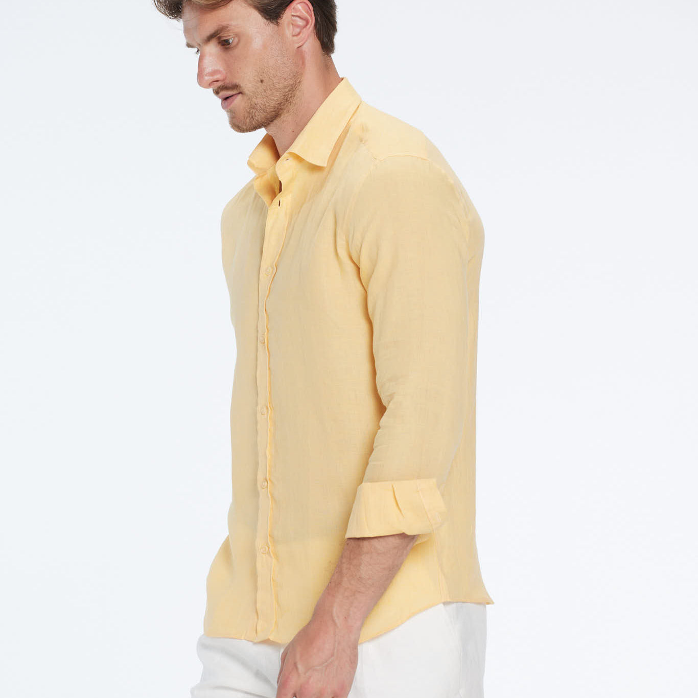 Harry Yellow Linen Shirt with Spread Collar | Moeva | Shirt | Each week unveils new pieces—luxury swimwear, fluid resort silhouettes, and elevated summer-to-evening essentials designed to carry you from coastal escapes to city nights.