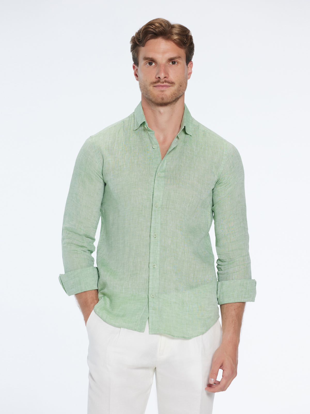 Harry Army Green Linen Shirt with Spread Collar | Moeva | Shirt | Each week unveils new pieces—luxury swimwear, fluid resort silhouettes, and elevated summer-to-evening essentials designed to carry you from coastal escapes to city nights.