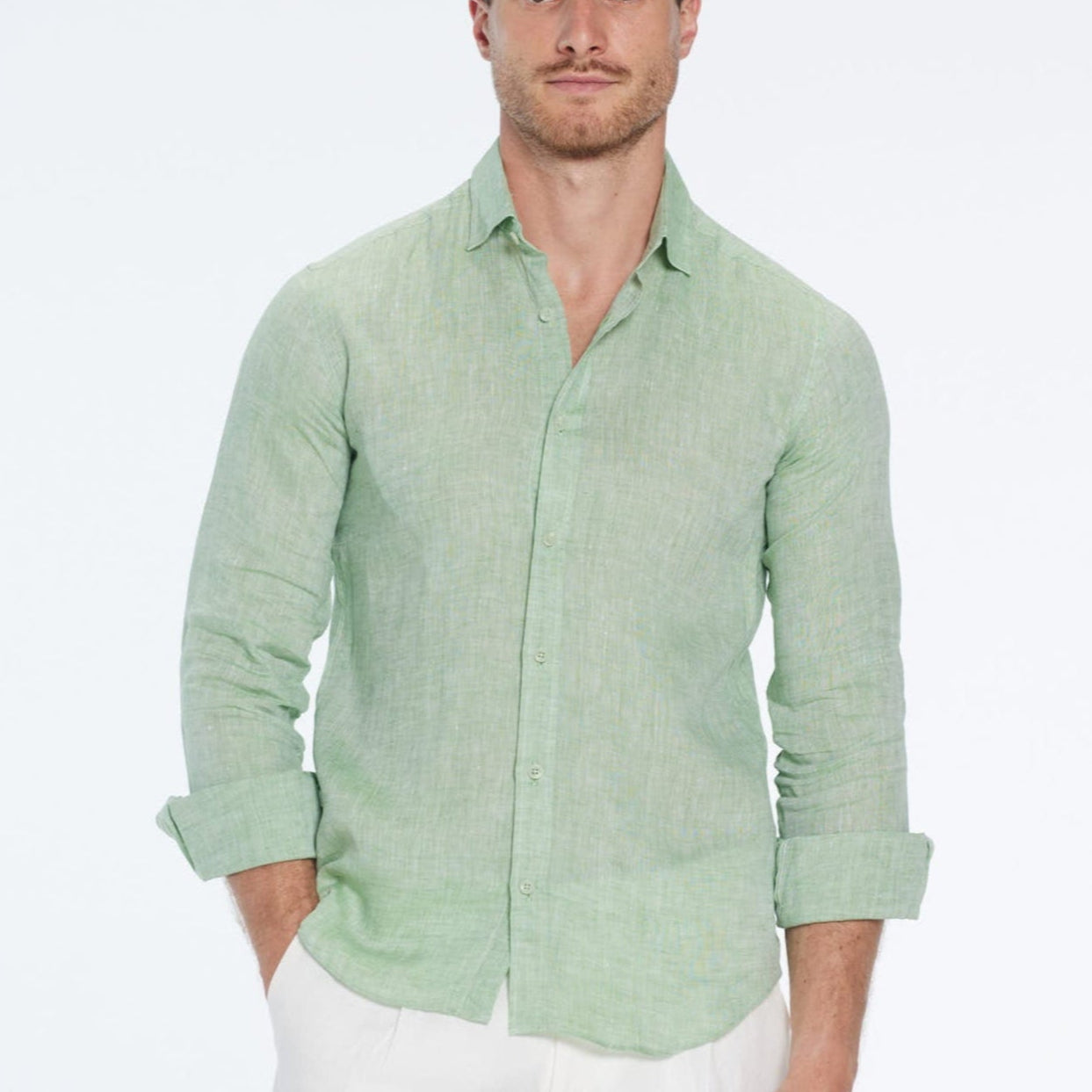 Harry Green Linen Shirt with Spread Collar | Moeva | Shirt | Each week unveils new pieces—luxury swimwear, fluid resort silhouettes, and elevated summer-to-evening essentials designed to carry you from coastal escapes to city nights.