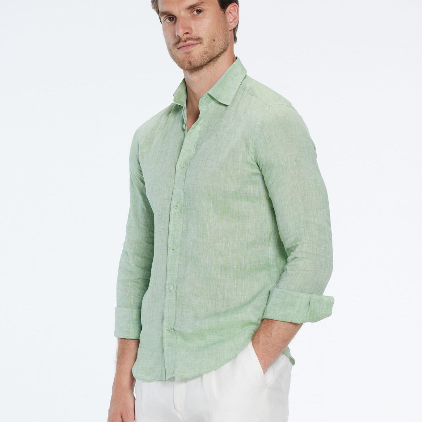 Harry Green Linen Shirt with Spread Collar | Moeva | Shirt | Each week unveils new pieces—luxury swimwear, fluid resort silhouettes, and elevated summer-to-evening essentials designed to carry you from coastal escapes to city nights.