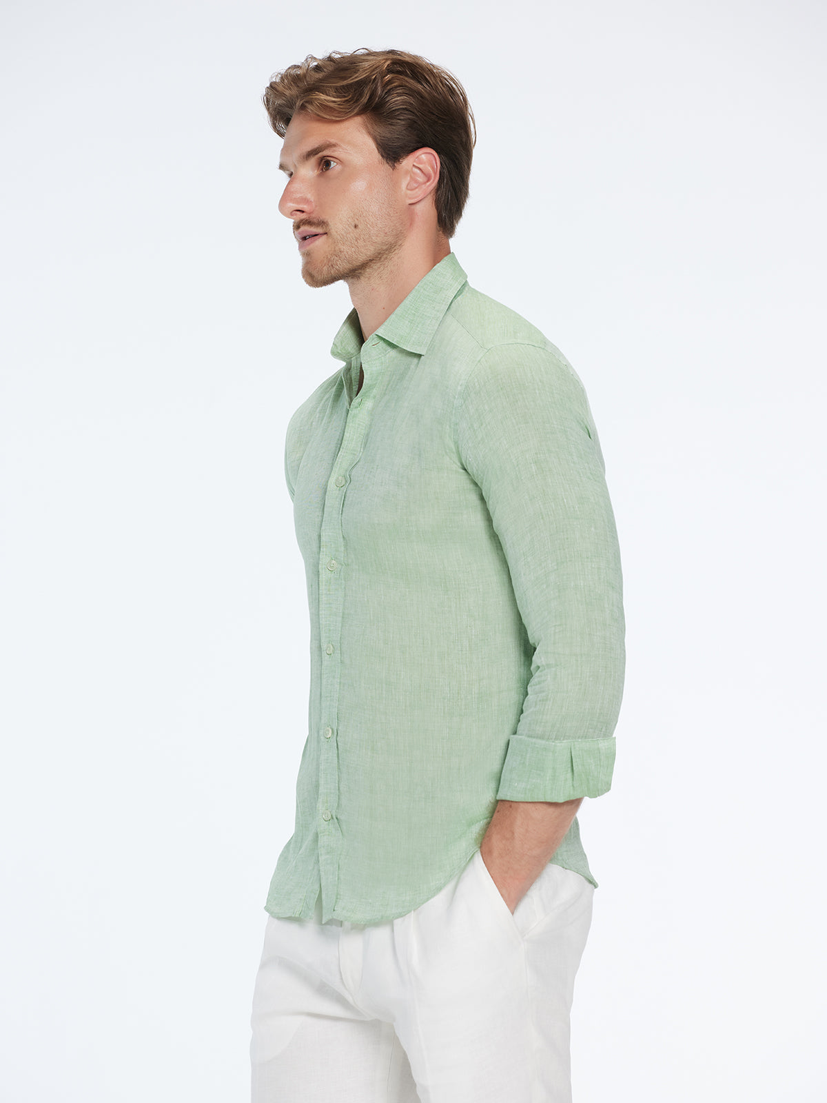 Harry Army Green Linen Shirt with Spread Collar | Moeva | Shirt | Each week unveils new pieces—luxury swimwear, fluid resort silhouettes, and elevated summer-to-evening essentials designed to carry you from coastal escapes to city nights.