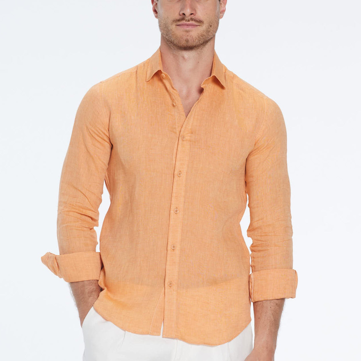 Harry Orange Linen Shirt with Spread Collar | Moeva | Shirt | Each week unveils new pieces—luxury swimwear, fluid resort silhouettes, and elevated summer-to-evening essentials designed to carry you from coastal escapes to city nights.