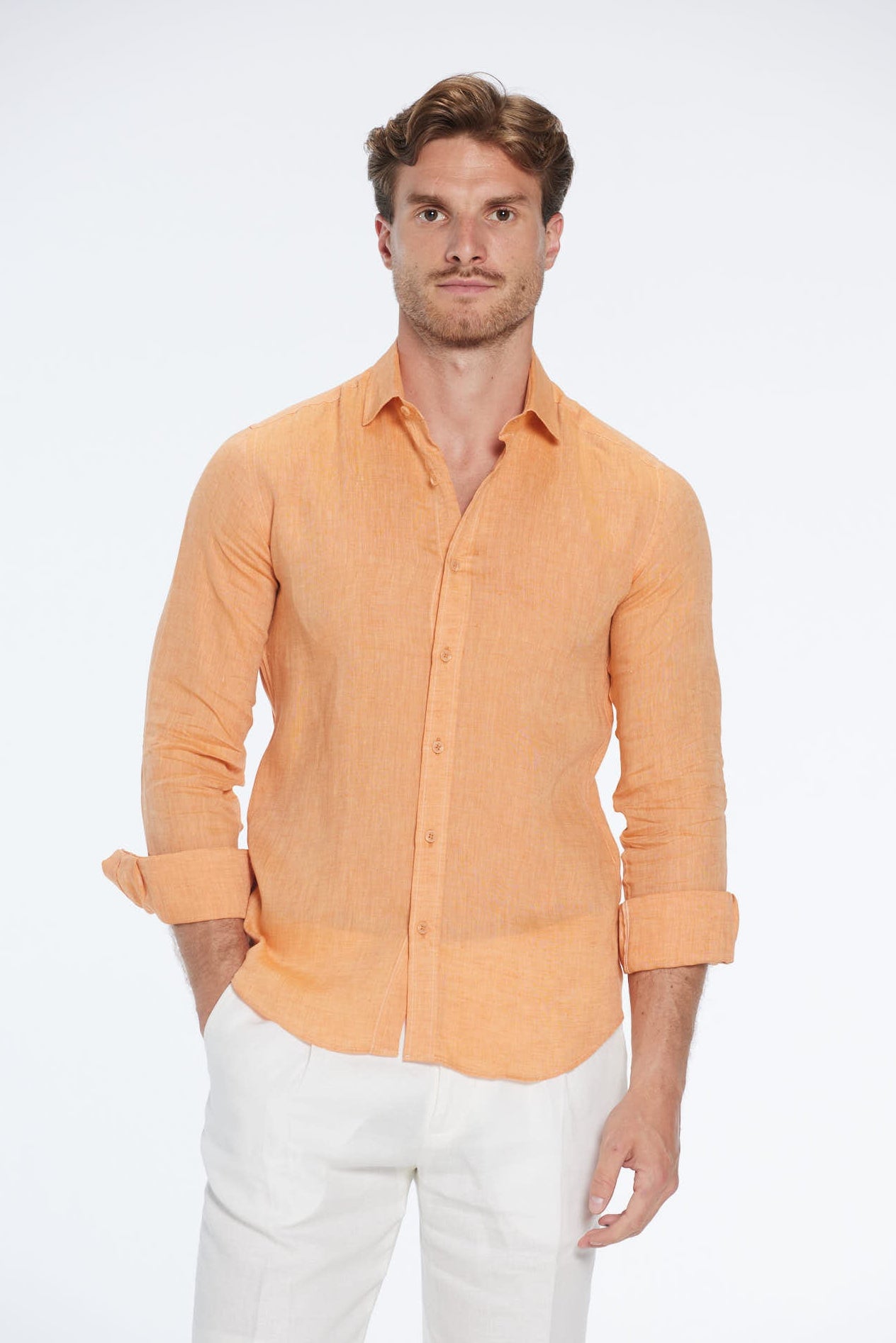 Harry Orange Linen Shirt with Spread Collar | Moeva | Men Classic Collar Shirts | Each week unveils new pieces—luxury swimwear, fluid resort silhouettes, and elevated summer-to-evening essentials designed to carry you from coastal escapes to city nights.