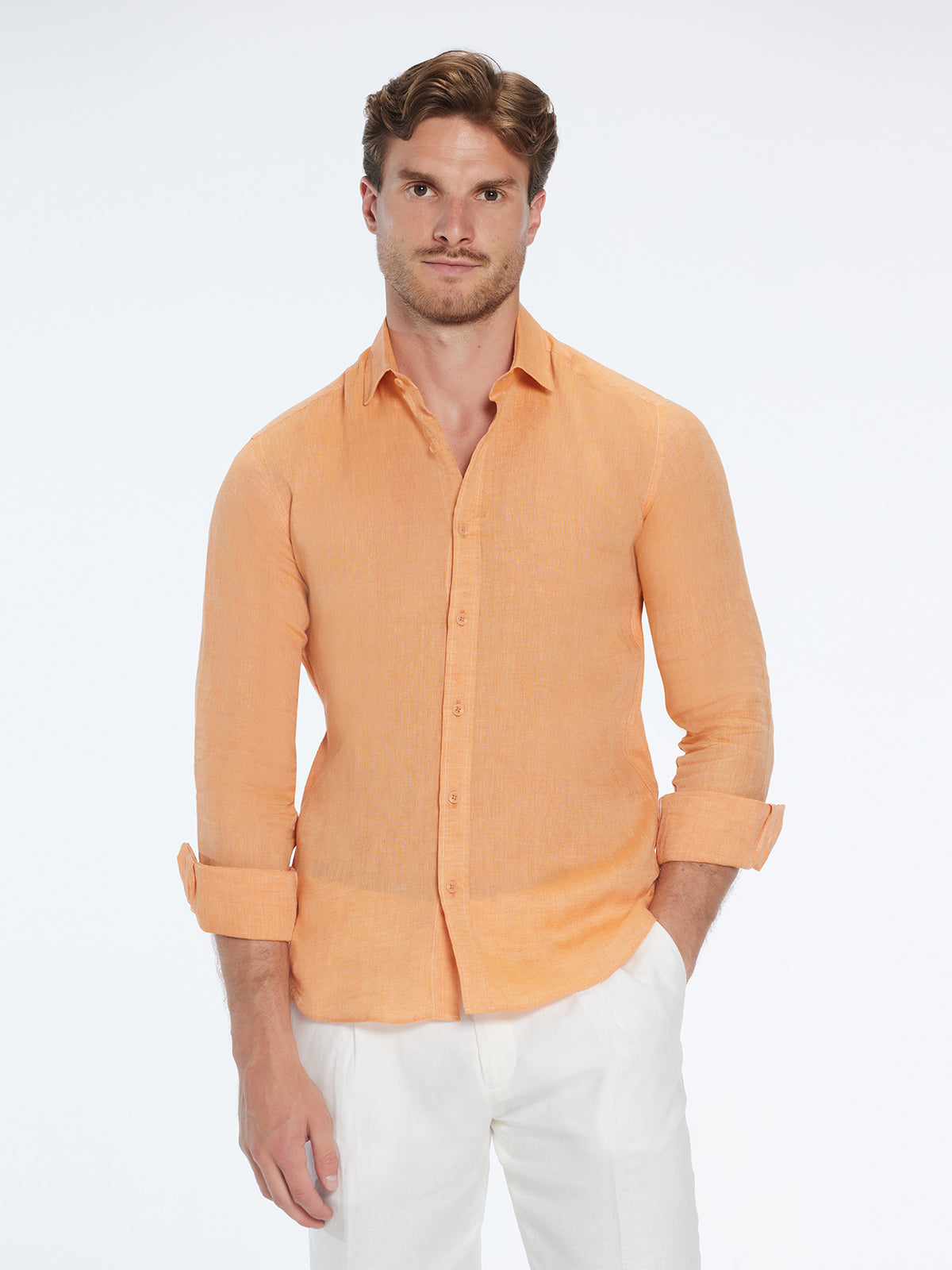 Harry Orange Linen Shirt with Spread Collar | Moeva | Shirt | Each week unveils new pieces—luxury swimwear, fluid resort silhouettes, and elevated summer-to-evening essentials designed to carry you from coastal escapes to city nights.