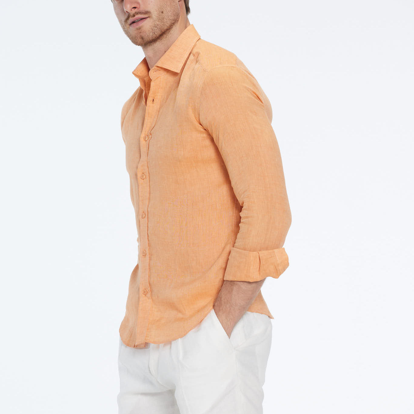 Harry Orange Linen Shirt with Spread Collar | Moeva | Shirt | Each week unveils new pieces—luxury swimwear, fluid resort silhouettes, and elevated summer-to-evening essentials designed to carry you from coastal escapes to city nights.
