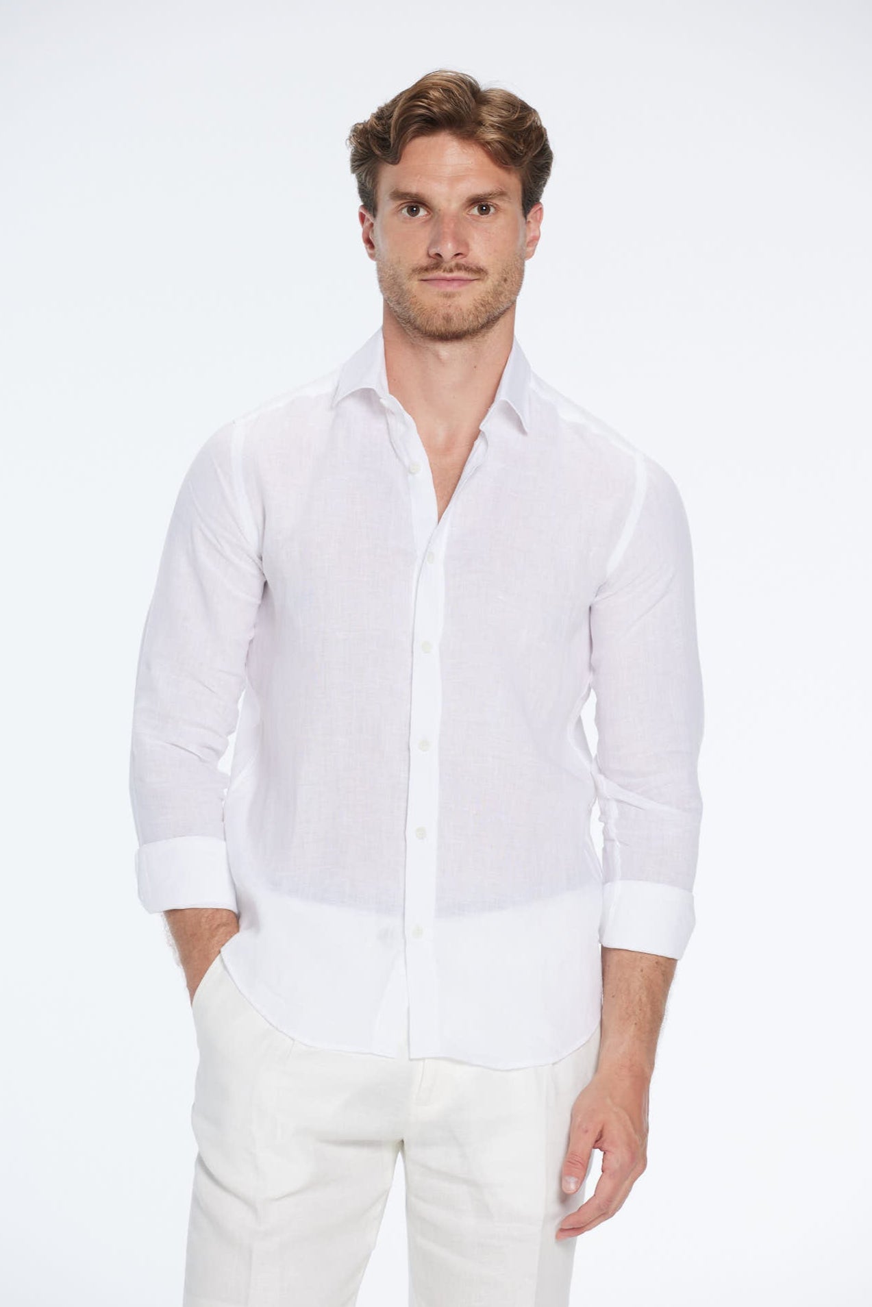 Harry White Linen Shirt with Spread Collar | Moeva | Men Classic Collar Shirts | Each week unveils new pieces—luxury swimwear, fluid resort silhouettes, and elevated summer-to-evening essentials designed to carry you from coastal escapes to city nights.