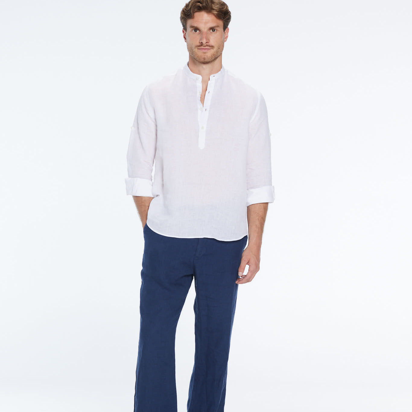 Matteo White Linen Half-Placket Band Collar Shirt | Moeva | Shirt | Each week unveils new pieces—luxury swimwear, fluid resort silhouettes, and elevated summer-to-evening essentials designed to carry you from coastal escapes to city nights.