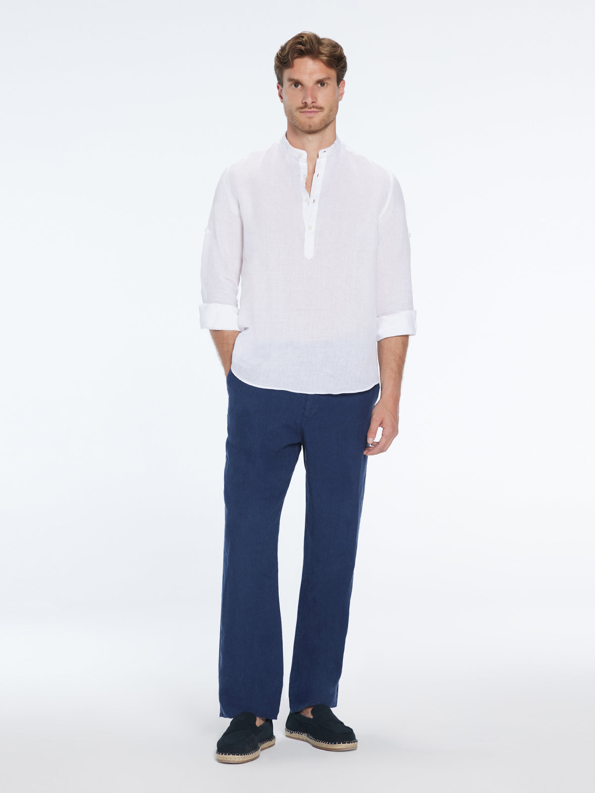 Matteo White Linen Half-Placket Band Collar Shirt | Moeva | Shirt | Each week unveils new pieces—luxury swimwear, fluid resort silhouettes, and elevated summer-to-evening essentials designed to carry you from coastal escapes to city nights.
