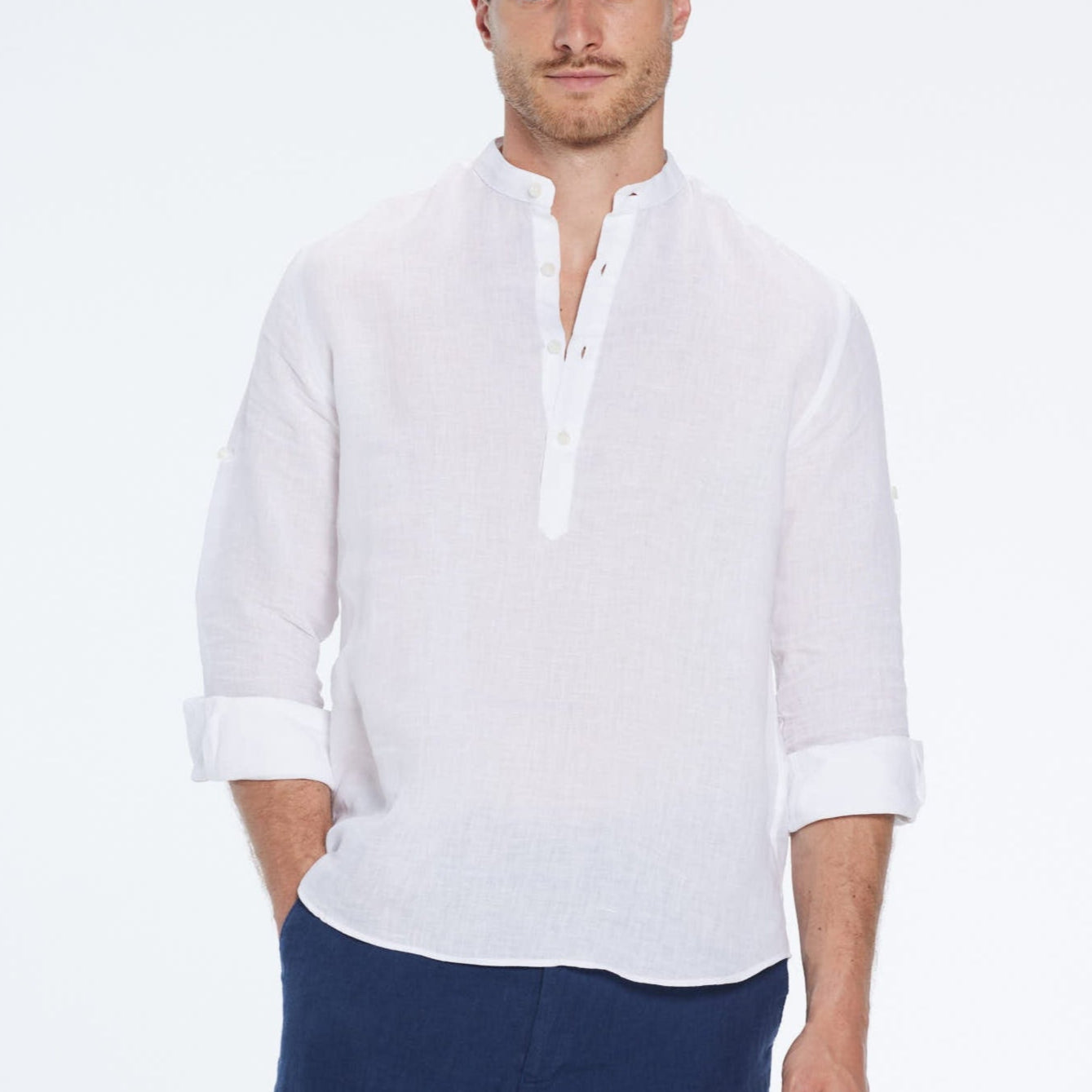 Matteo White Linen Half-Placket Band Collar Shirt | Moeva | Shirt | Each week unveils new pieces—luxury swimwear, fluid resort silhouettes, and elevated summer-to-evening essentials designed to carry you from coastal escapes to city nights.