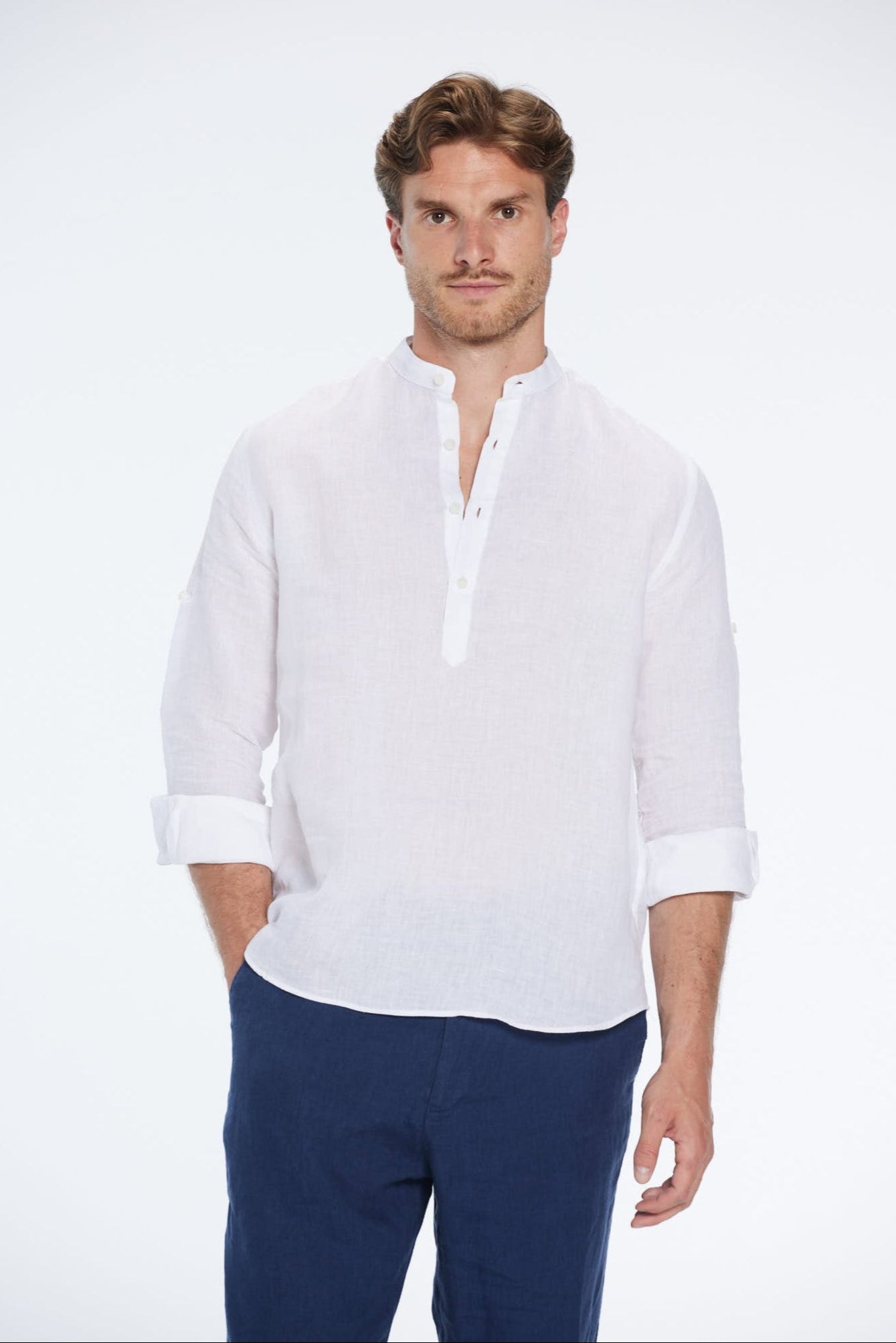Matteo White Linen Half-Placket Band Collar Shirt | Moeva | Men Mandarin Collar Shirts | Each week unveils new pieces—luxury swimwear, fluid resort silhouettes, and elevated summer-to-evening essentials designed to carry you from coastal escapes to city nights.