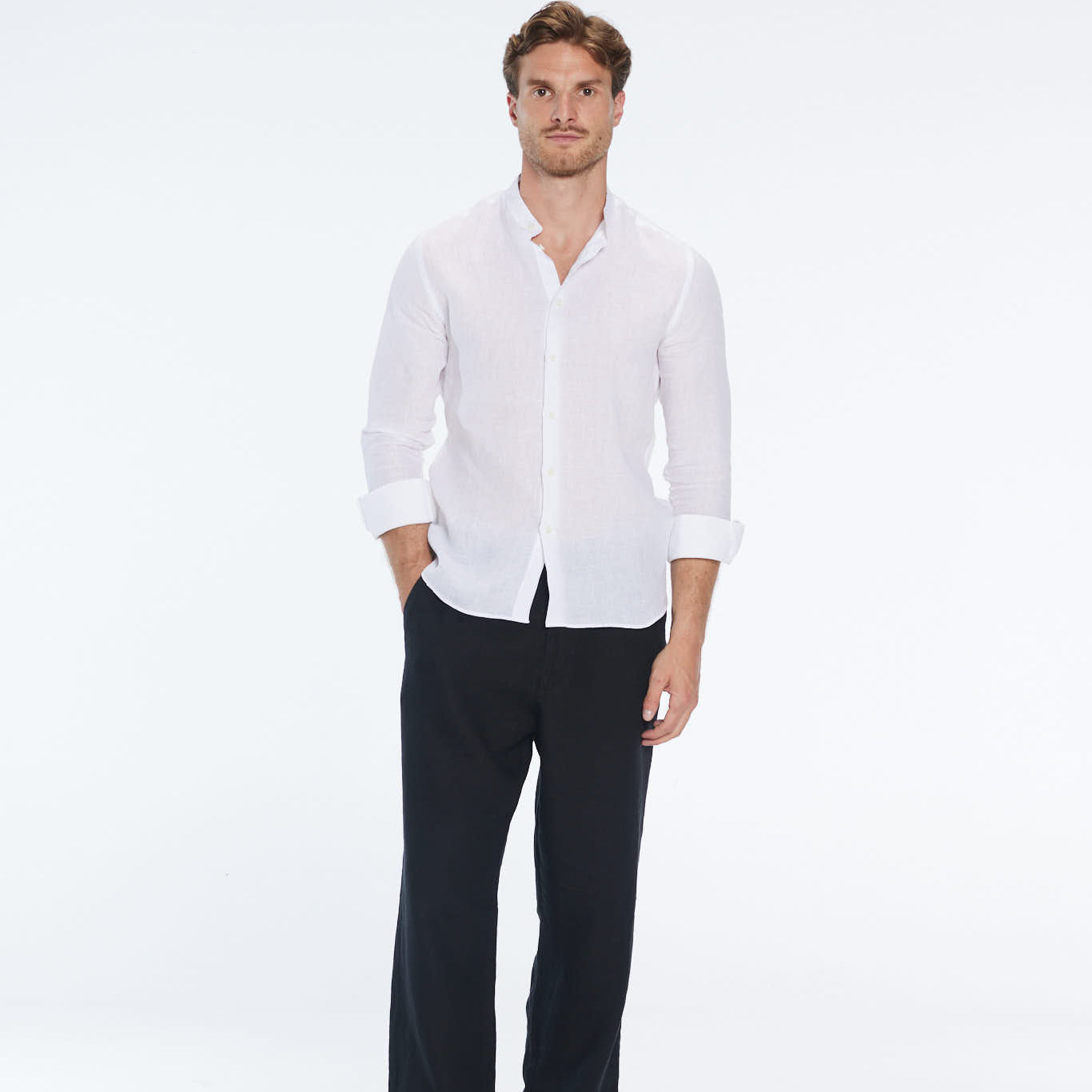Ryan White Linen Shirt with Grandad Collar | Moeva | Shirt | Each week unveils new pieces—luxury swimwear, fluid resort silhouettes, and elevated summer-to-evening essentials designed to carry you from coastal escapes to city nights.