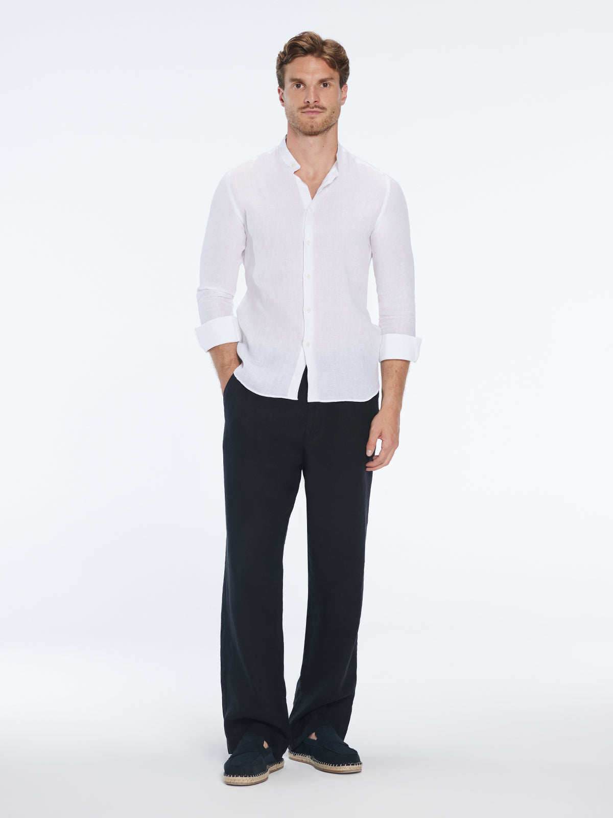Ryan White Linen Shirt with Grandad Collar | Moeva | Shirt | Each week unveils new pieces—luxury swimwear, fluid resort silhouettes, and elevated summer-to-evening essentials designed to carry you from coastal escapes to city nights.