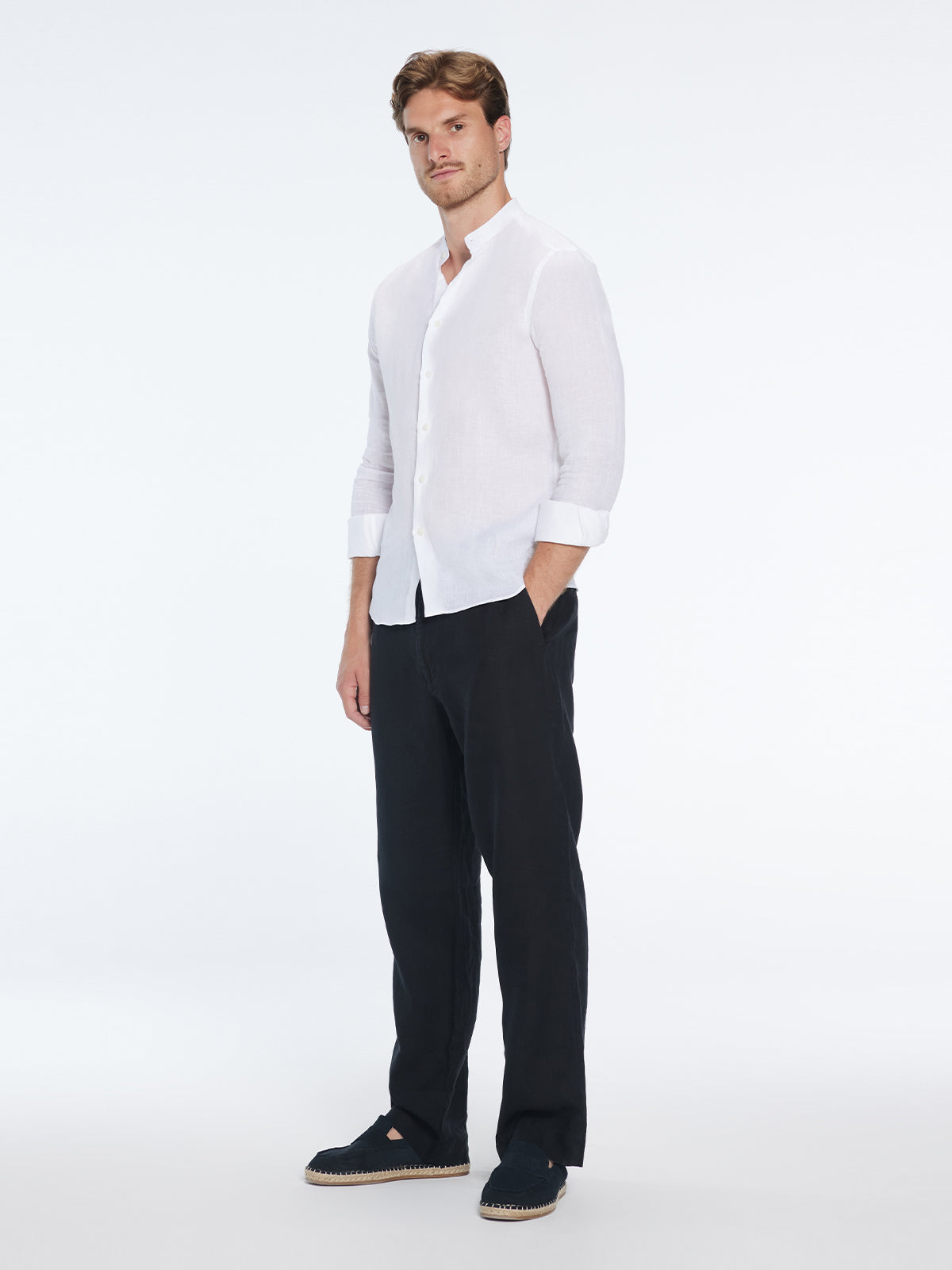 Ryan White Linen Shirt with Grandad Collar | Moeva | Shirt | Each week unveils new pieces—luxury swimwear, fluid resort silhouettes, and elevated summer-to-evening essentials designed to carry you from coastal escapes to city nights.