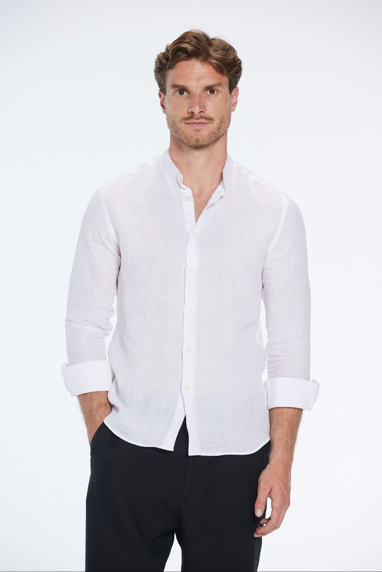 Ryan White Linen Shirt with Grandad Collar | Moeva | Men Mandarin Collar Shirts | Each week unveils new pieces—luxury swimwear, fluid resort silhouettes, and elevated summer-to-evening essentials designed to carry you from coastal escapes to city nights.