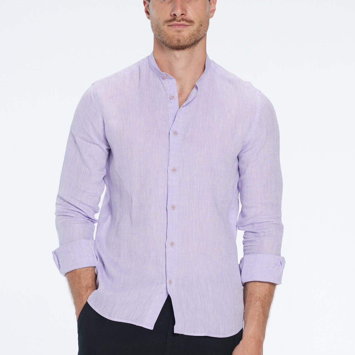 Ryan Lilac Linen Shirt with Grandad Collar | Moeva | Shirt | Each week unveils new pieces—luxury swimwear, fluid resort silhouettes, and elevated summer-to-evening essentials designed to carry you from coastal escapes to city nights.