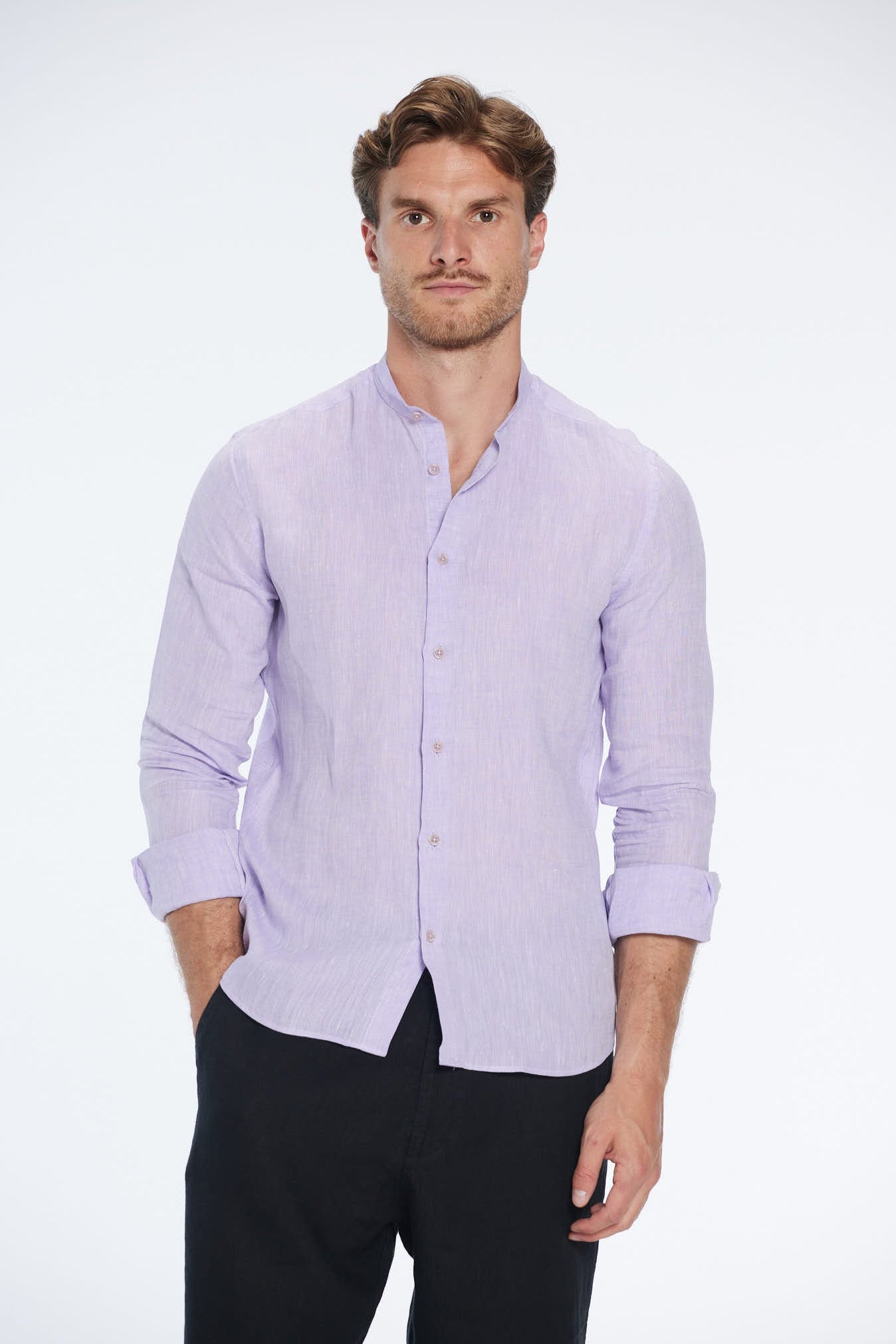 Ryan Lilac Linen Shirt with Grandad Collar | Moeva | Men Mandarin Collar Shirts | Each week unveils new pieces—luxury swimwear, fluid resort silhouettes, and elevated summer-to-evening essentials designed to carry you from coastal escapes to city nights.