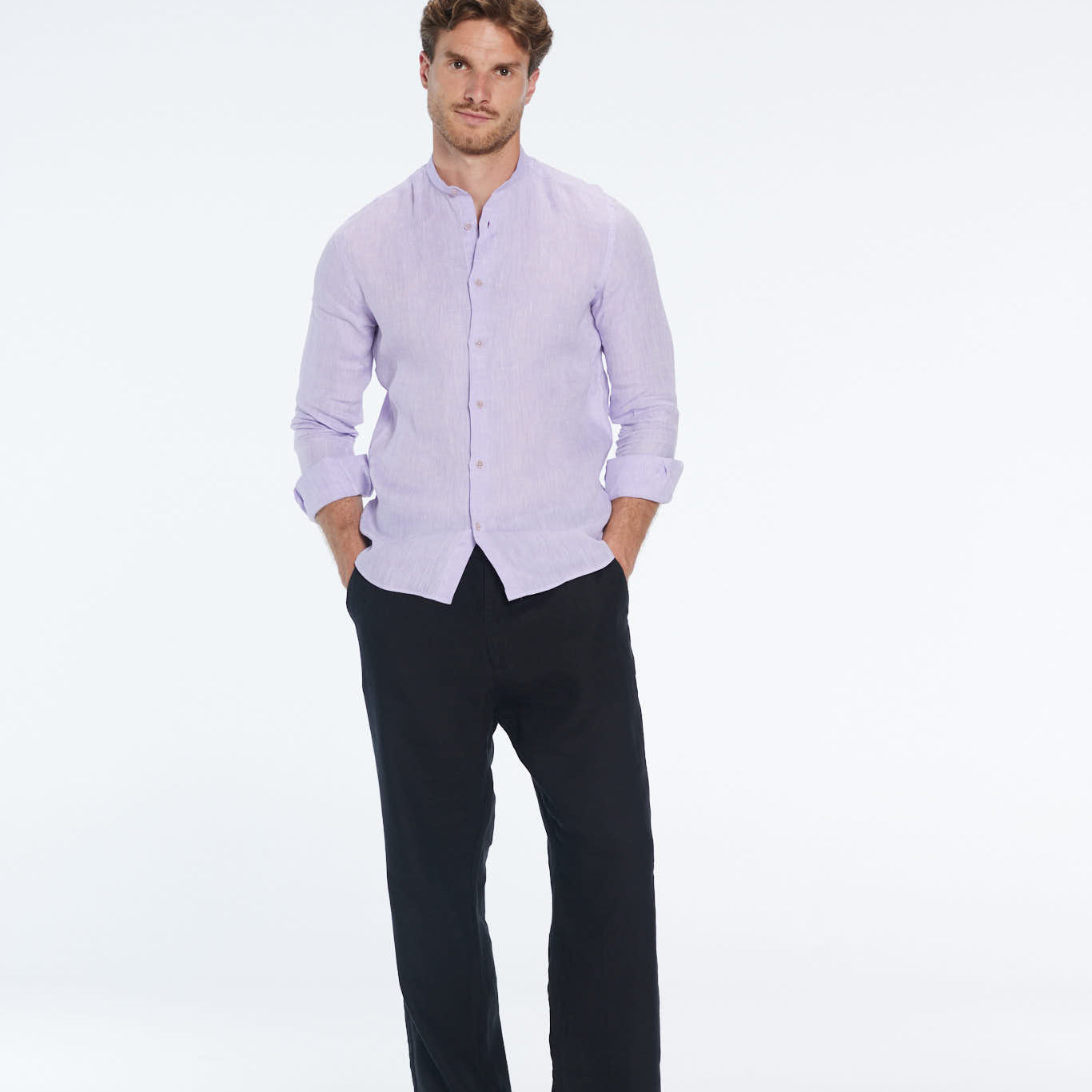 Ryan Lilac Linen Shirt with Grandad Collar | Moeva | Shirt | Each week unveils new pieces—luxury swimwear, fluid resort silhouettes, and elevated summer-to-evening essentials designed to carry you from coastal escapes to city nights.