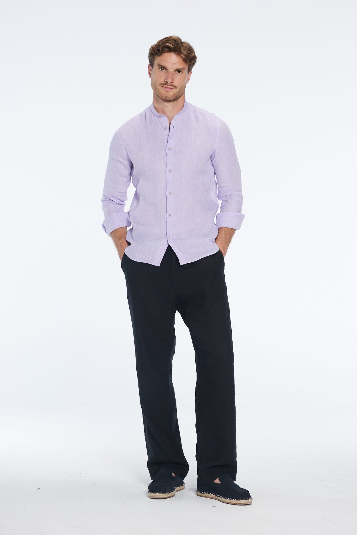 Ryan Lilac Linen Shirt with Grandad Collar | Moeva | Shirt | Each week unveils new pieces—luxury swimwear, fluid resort silhouettes, and elevated summer-to-evening essentials designed to carry you from coastal escapes to city nights.
