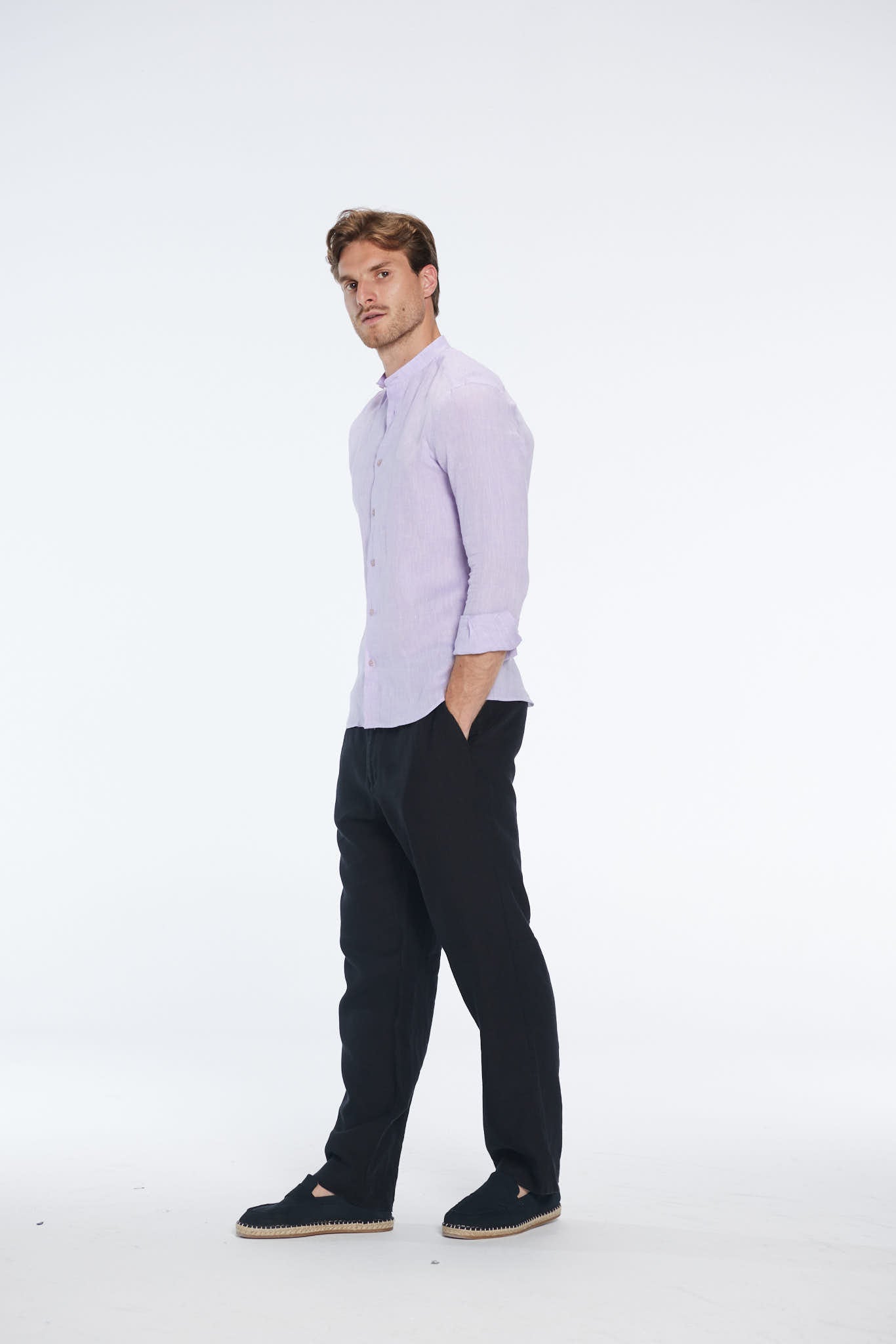 Ryan Lilac Linen Shirt with Grandad Collar | Moeva | Shirt | Each week unveils new pieces—luxury swimwear, fluid resort silhouettes, and elevated summer-to-evening essentials designed to carry you from coastal escapes to city nights.