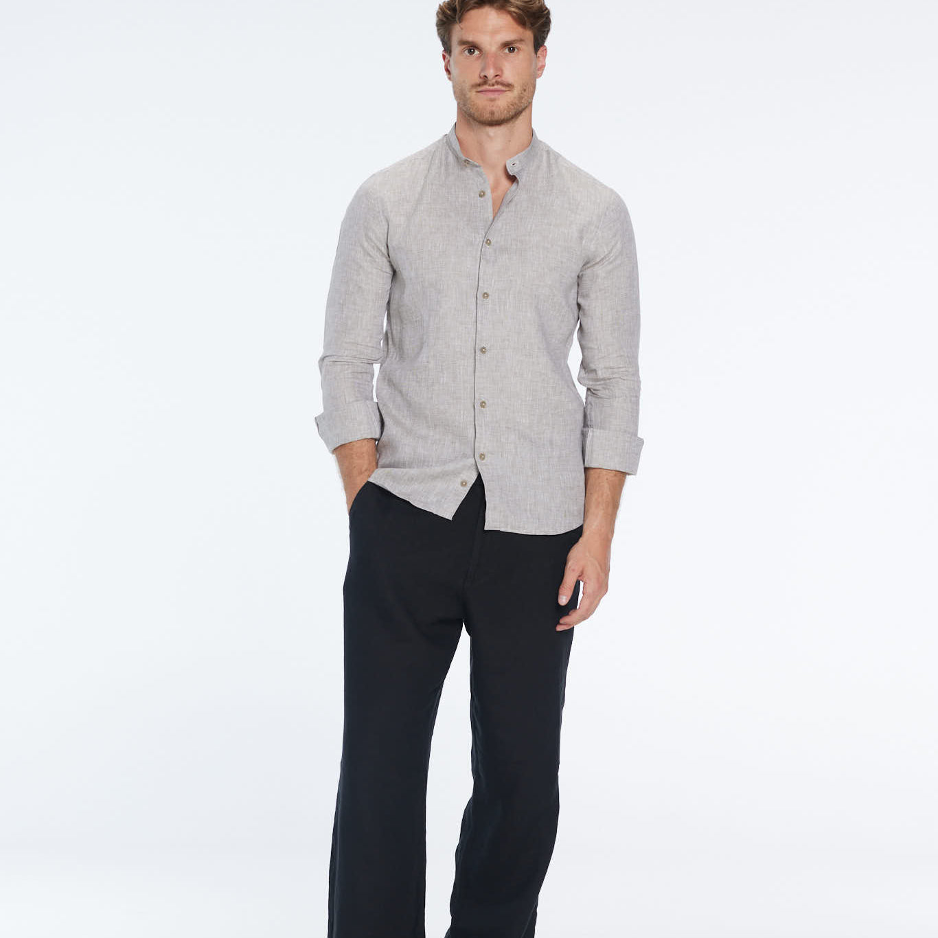 Ryan Khaki Linen Shirt with Grandad Collar | Moeva | Shirt | Each week unveils new pieces—luxury swimwear, fluid resort silhouettes, and elevated summer-to-evening essentials designed to carry you from coastal escapes to city nights.