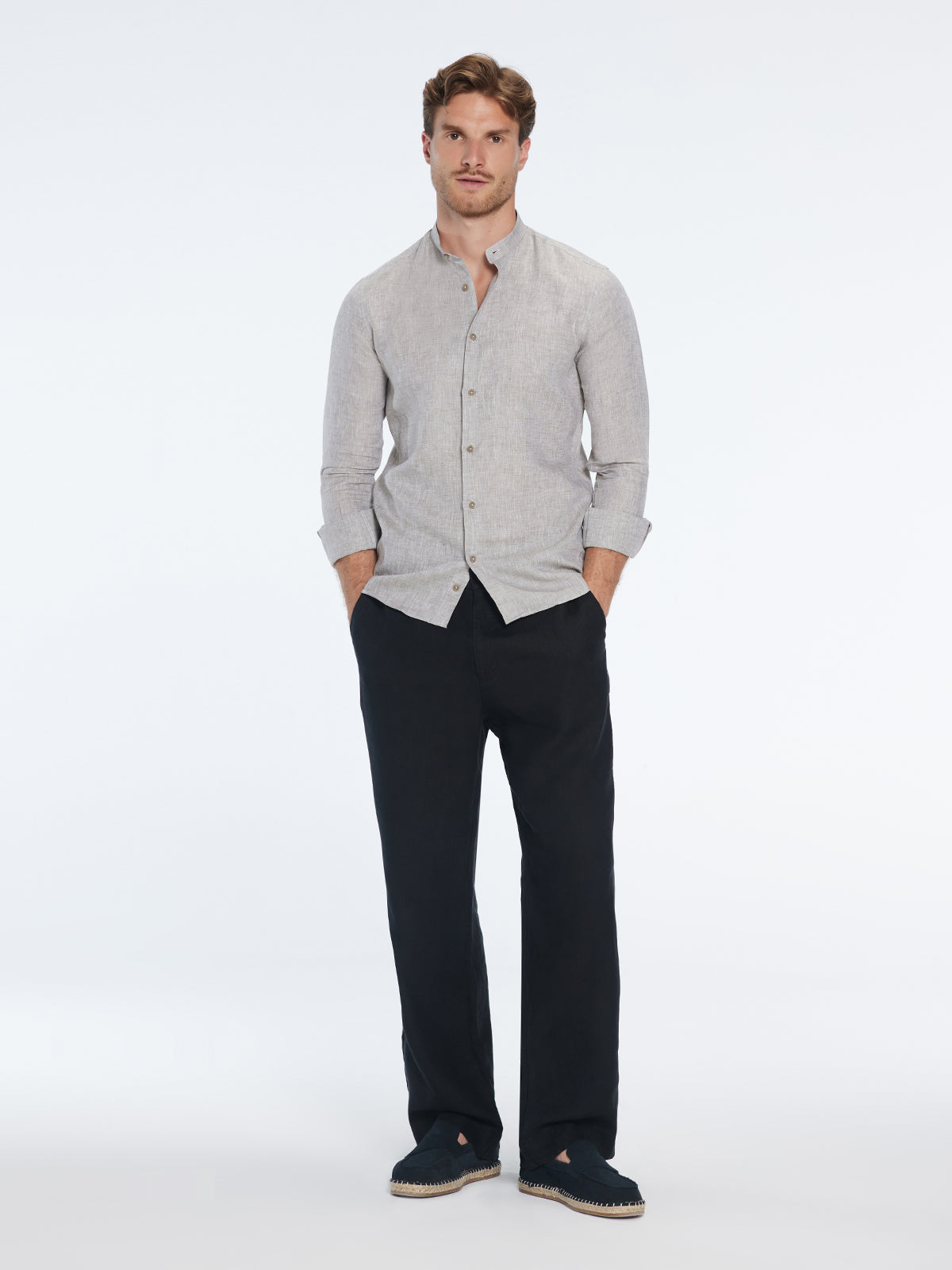 Ryan Khaki Linen Shirt with Grandad Collar | Moeva | Shirt | Each week unveils new pieces—luxury swimwear, fluid resort silhouettes, and elevated summer-to-evening essentials designed to carry you from coastal escapes to city nights.