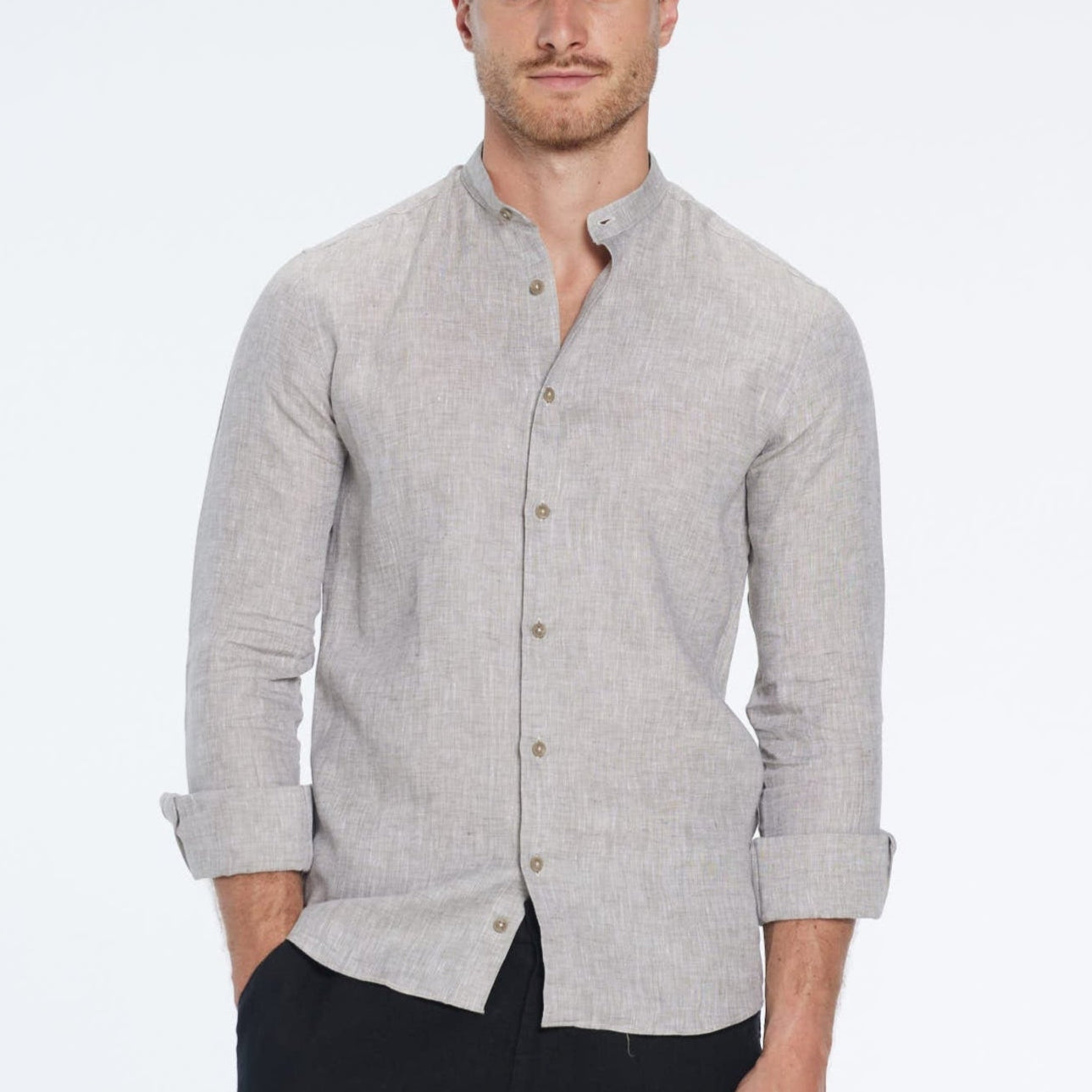 Ryan Khaki Linen Shirt with Grandad Collar | Moeva | Shirt | Each week unveils new pieces—luxury swimwear, fluid resort silhouettes, and elevated summer-to-evening essentials designed to carry you from coastal escapes to city nights.