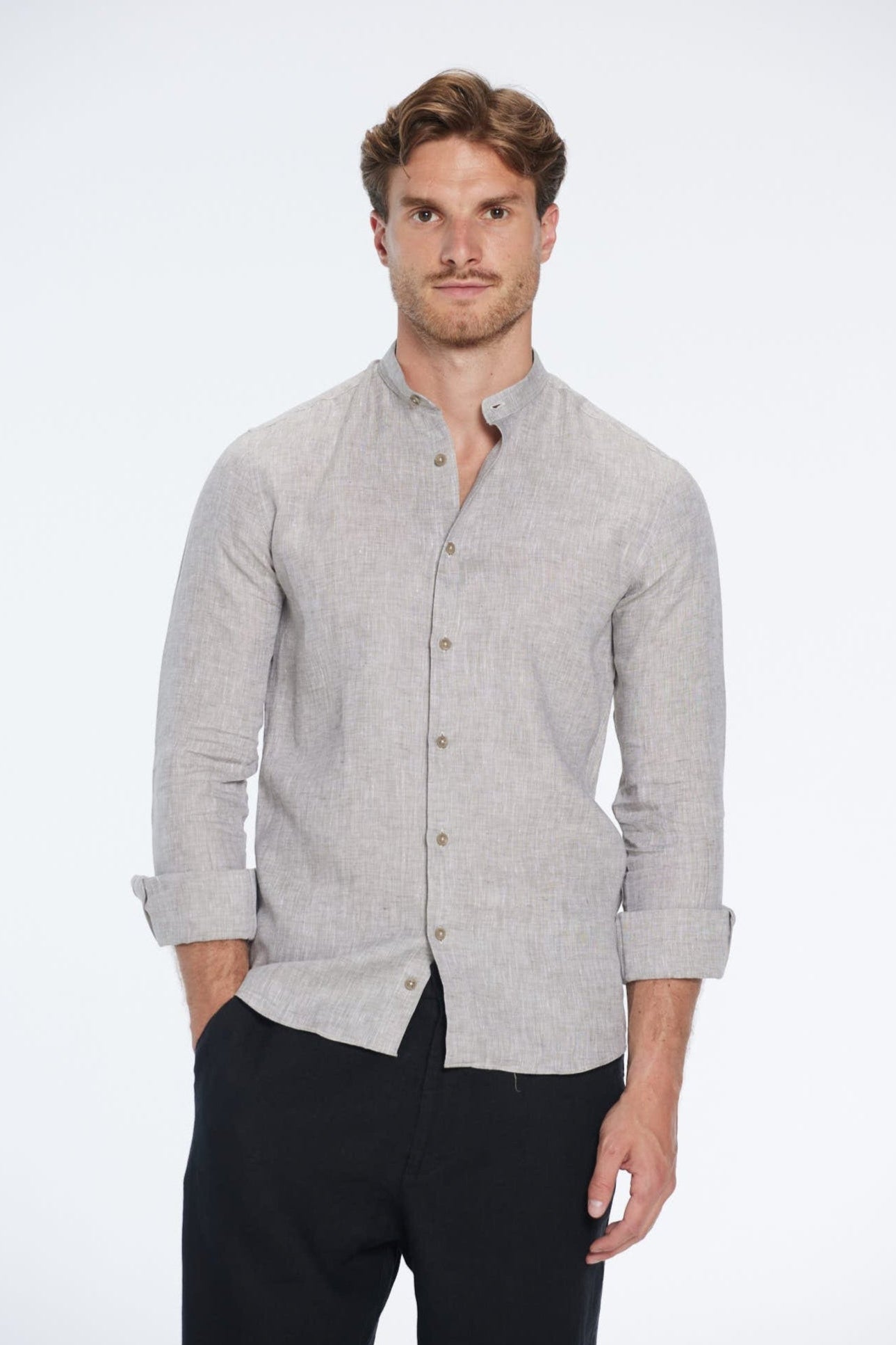 Ryan Khaki Linen Shirt with Grandad Collar | Moeva | Men Mandarin Collar Shirts | Each week unveils new pieces—luxury swimwear, fluid resort silhouettes, and elevated summer-to-evening essentials designed to carry you from coastal escapes to city nights.