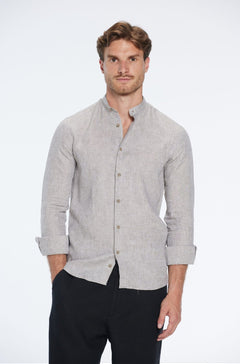 Ryan Khaki Linen Shirt with Grandad Collar | Moeva | Men Mandarin Collar Shirts | Each week unveils new pieces—luxury swimwear, fluid resort silhouettes, and elevated summer-to-evening essentials designed to carry you from coastal escapes to city nights.